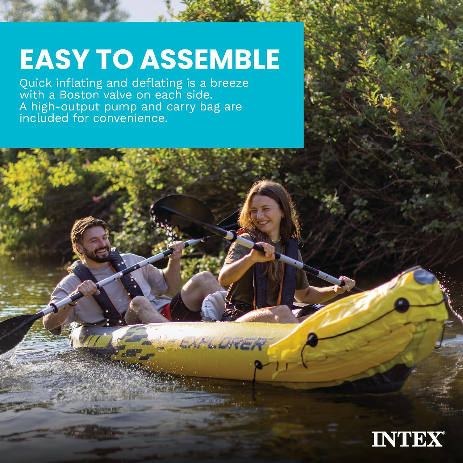 Intex 68307EP Explorer K2 Inflatable Kayak Set: Includes Deluxe 86in Aluminum Oars and High-Output Pump – SuperStrong PVC – Adjustable Seats with Backrest – 400lb Weight Capacity