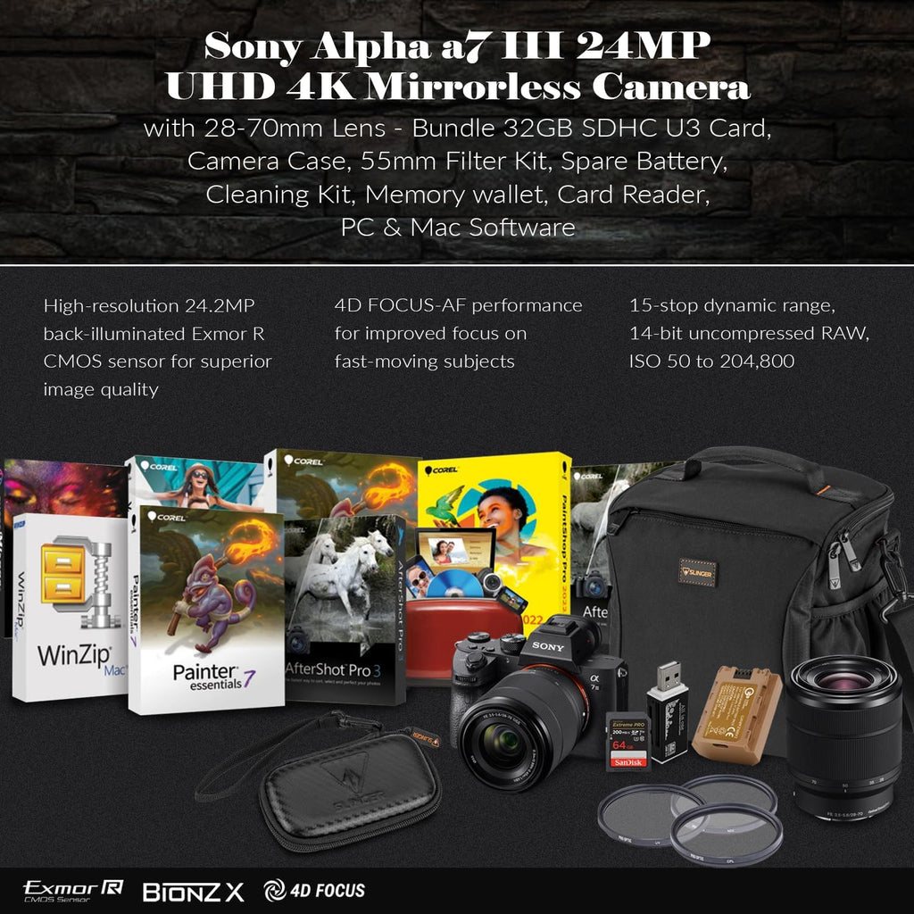Sony Alpha a7 III Mirrorless Digital Camera with FE 28-70mm Lens - Bundle, Shoulder Bag, 64GB SD Card, Card Reader, SD Card Case, PC & Mac Software Kit, Extra Battery, 55mm Filter Kit