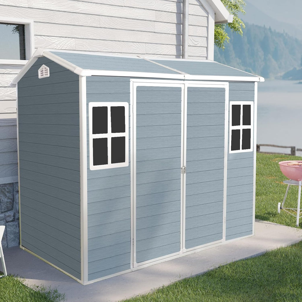 YOPTO 8x4 FT Outdoor Storage Shed,Garden Shed with Floor & 2 Windows,All Weather Waterproof Tool House W/Air Vent,Sloped Roof & Lockable Double Door,for Patio,Yard,Lawn,Grey