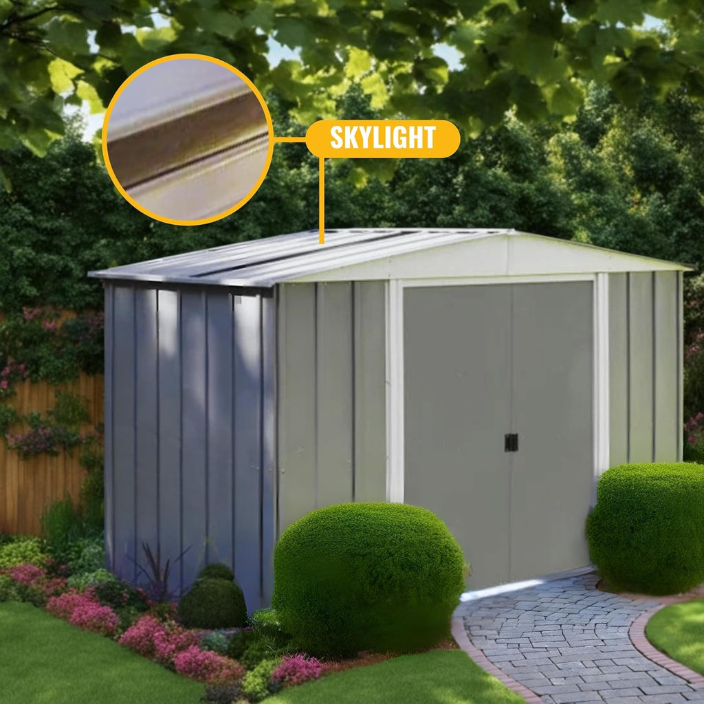 10x6 Gable-Roof Metal Shed–Durable Outdoor Storage Shed for Lawn Equipment, Pool Supplies, Bicycles, Tools, and Garden Storage – Weather-Resistant and Easy Assembly Gray w/Skylight