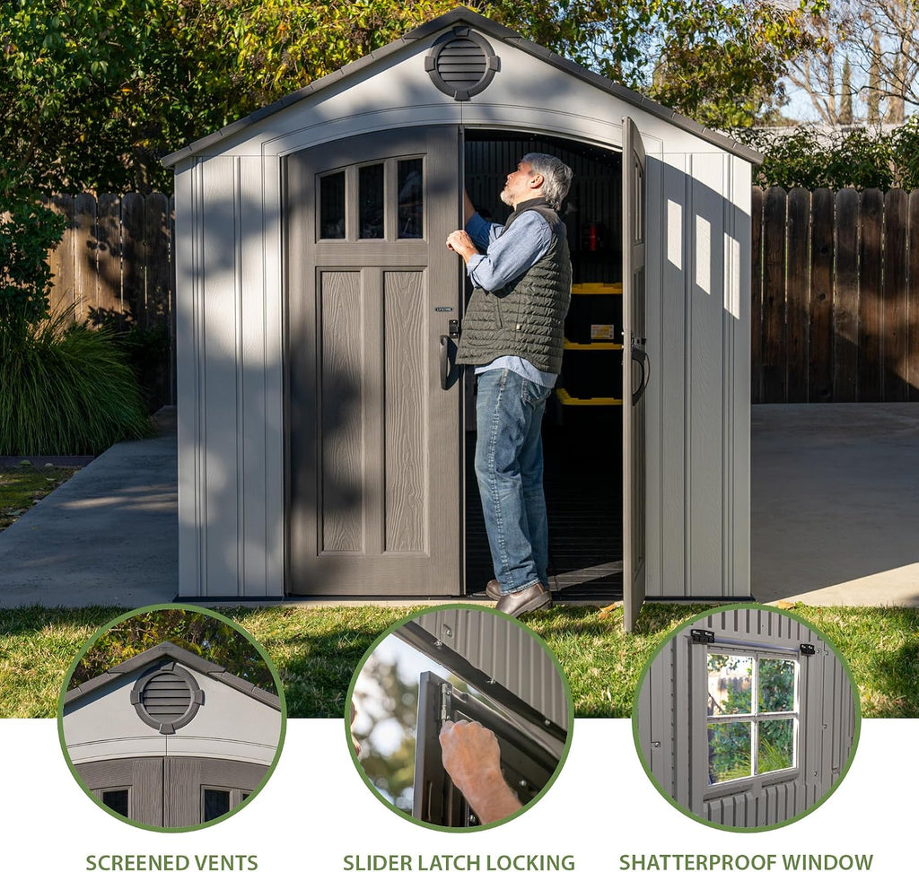 Lifetime Outdoor Storage Shed, 8x20 Ft, Gray, Resin Backyard Tool Shed with Lockable Doors and Weather-Resistant Panels