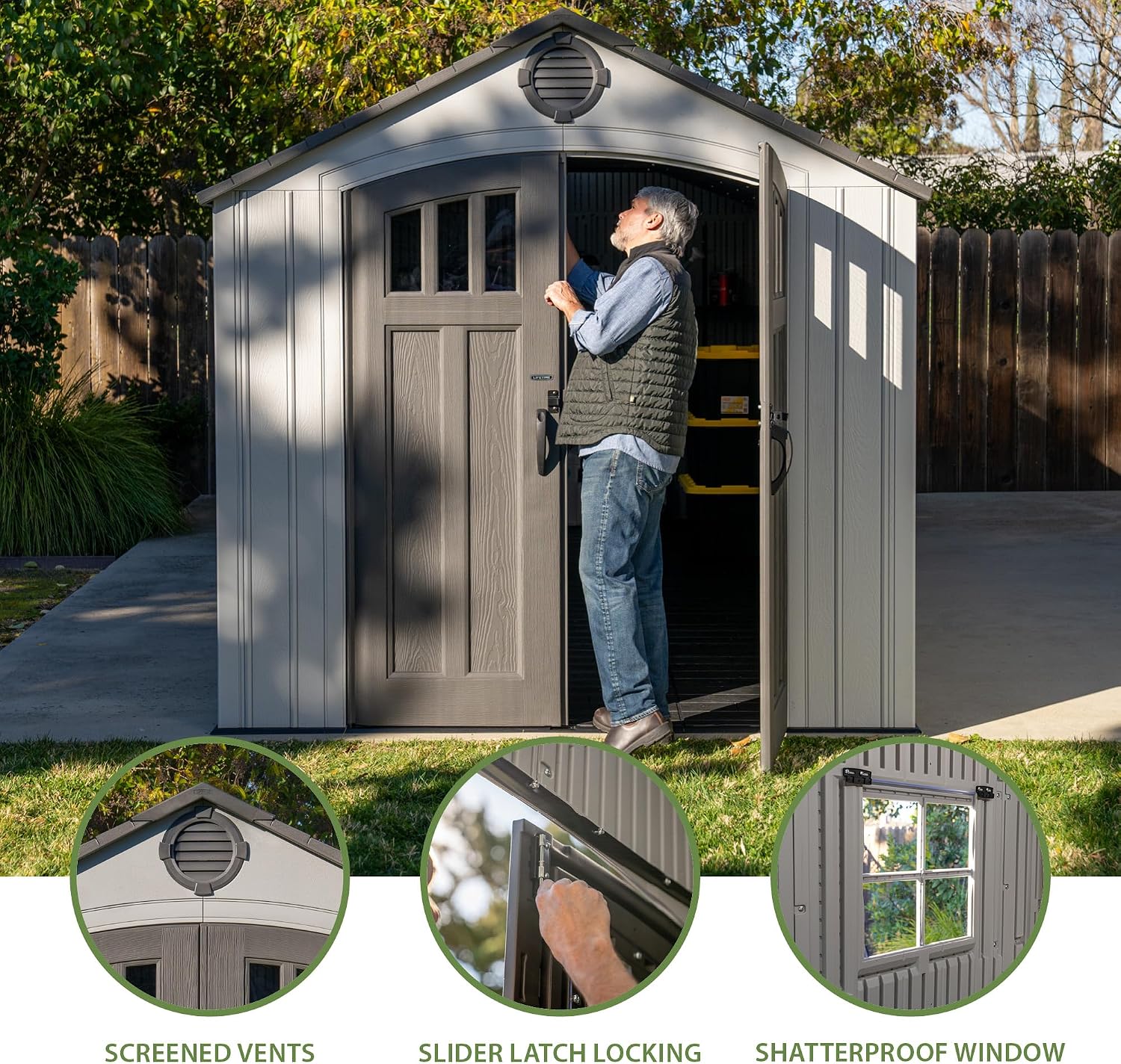 Lifetime Outdoor Storage Shed, 8x20 Ft, Gray, Resin Backyard Tool Shed with Lockable Doors and Weather-Resistant Panels