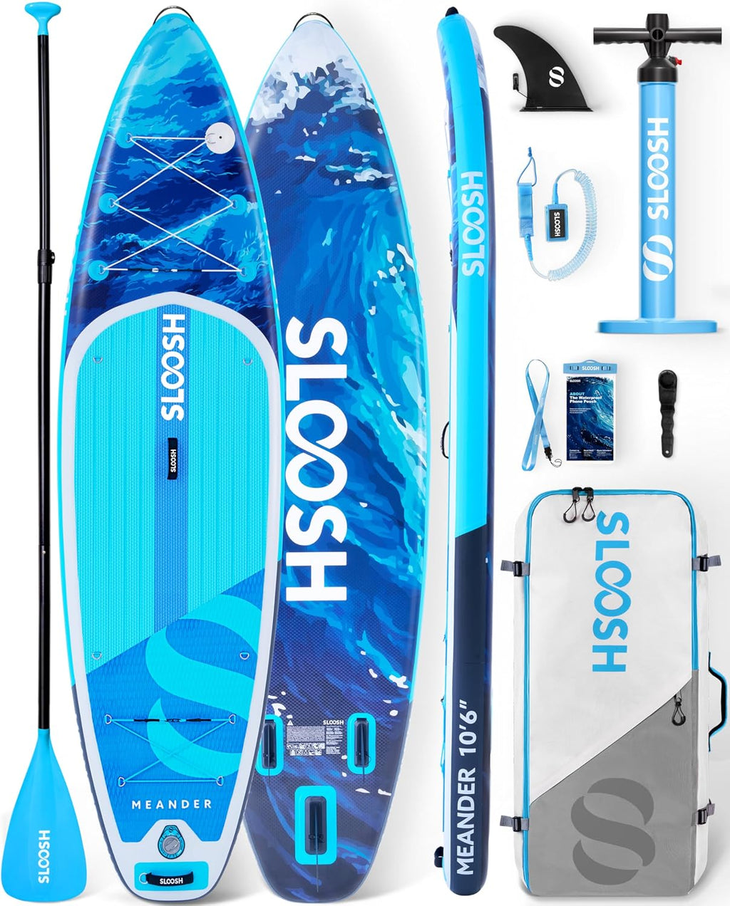 SLOOSH Inflatable Stand Up Paddle Board, 10'6' Inflatable Paddle Boards with Premium Accessories, Non-Slip EVA Deck, Ultra-Light Carry Bag Pump, Meander SUP for Youth & Adults