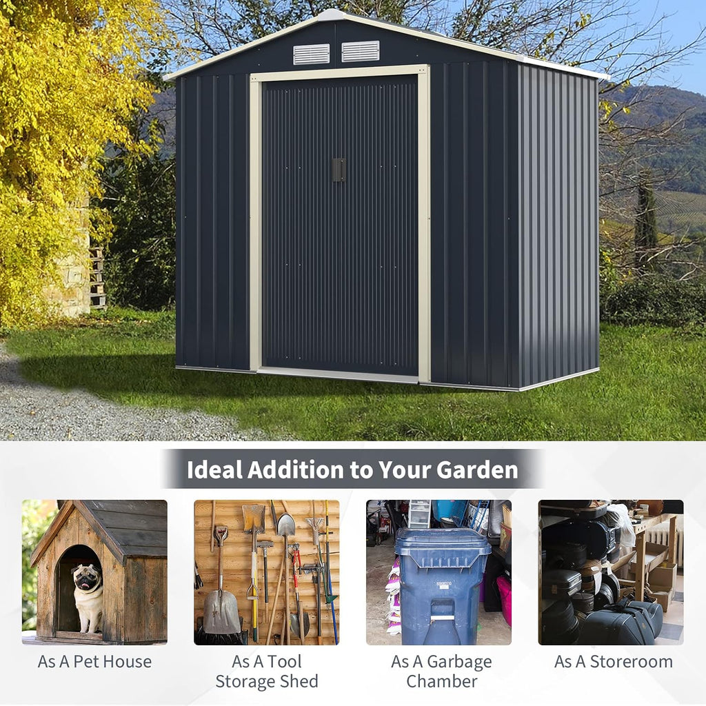 Goplus Storage Shed, Metal 7' X 4' Outdoor Building Organizer with 4 Vents & Double Sliding Door for Garden Backyard Farm (7'X4')
