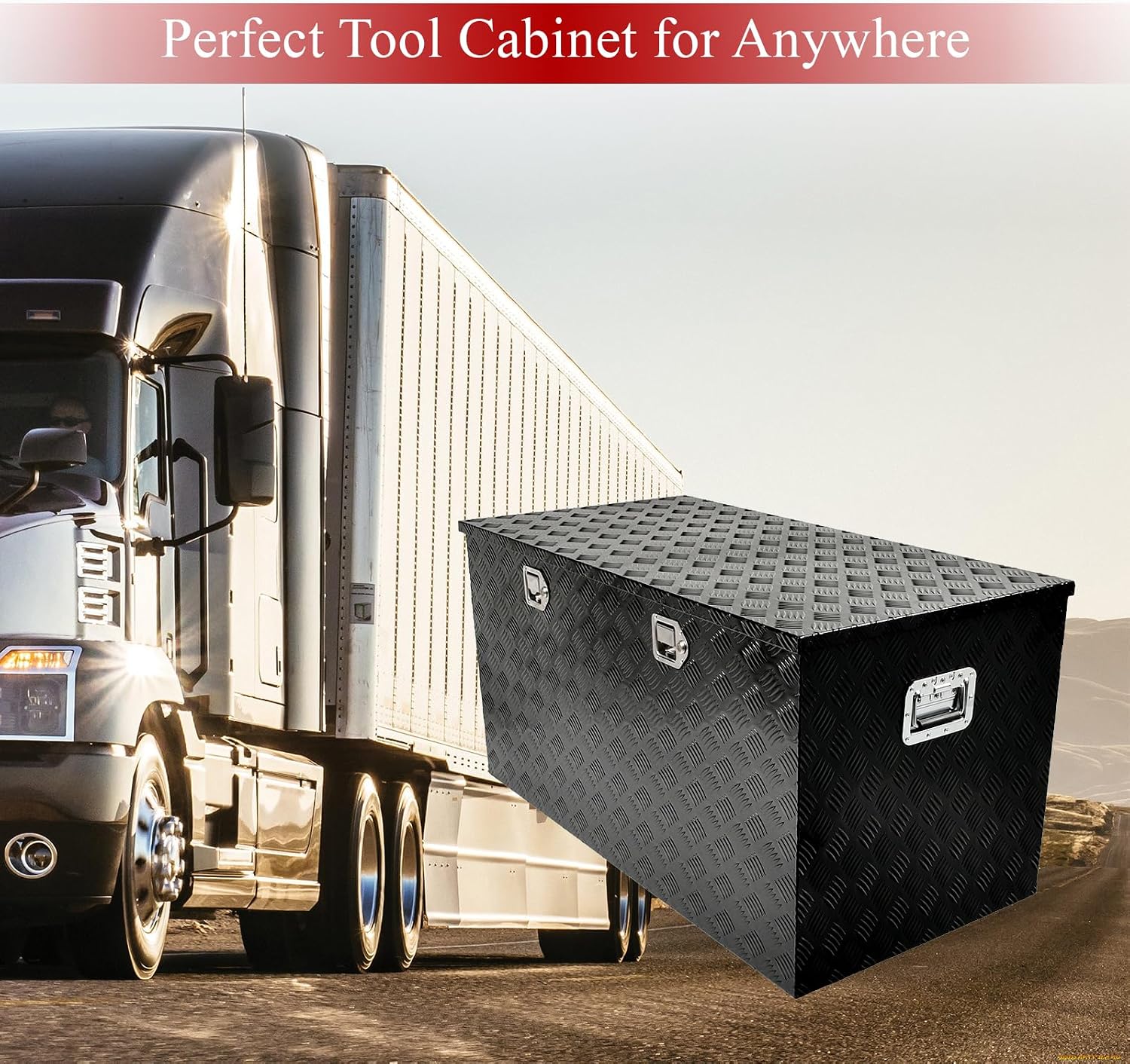 48''Inch Aluminum Truck Tool Box Truck Bed Toolbox Truck Trailer Chest Box Trailer Underbody Storage Organizer Waterproof Square Storage Organizer w/Lock & Keys Black(‎48' Lx24''x24'')