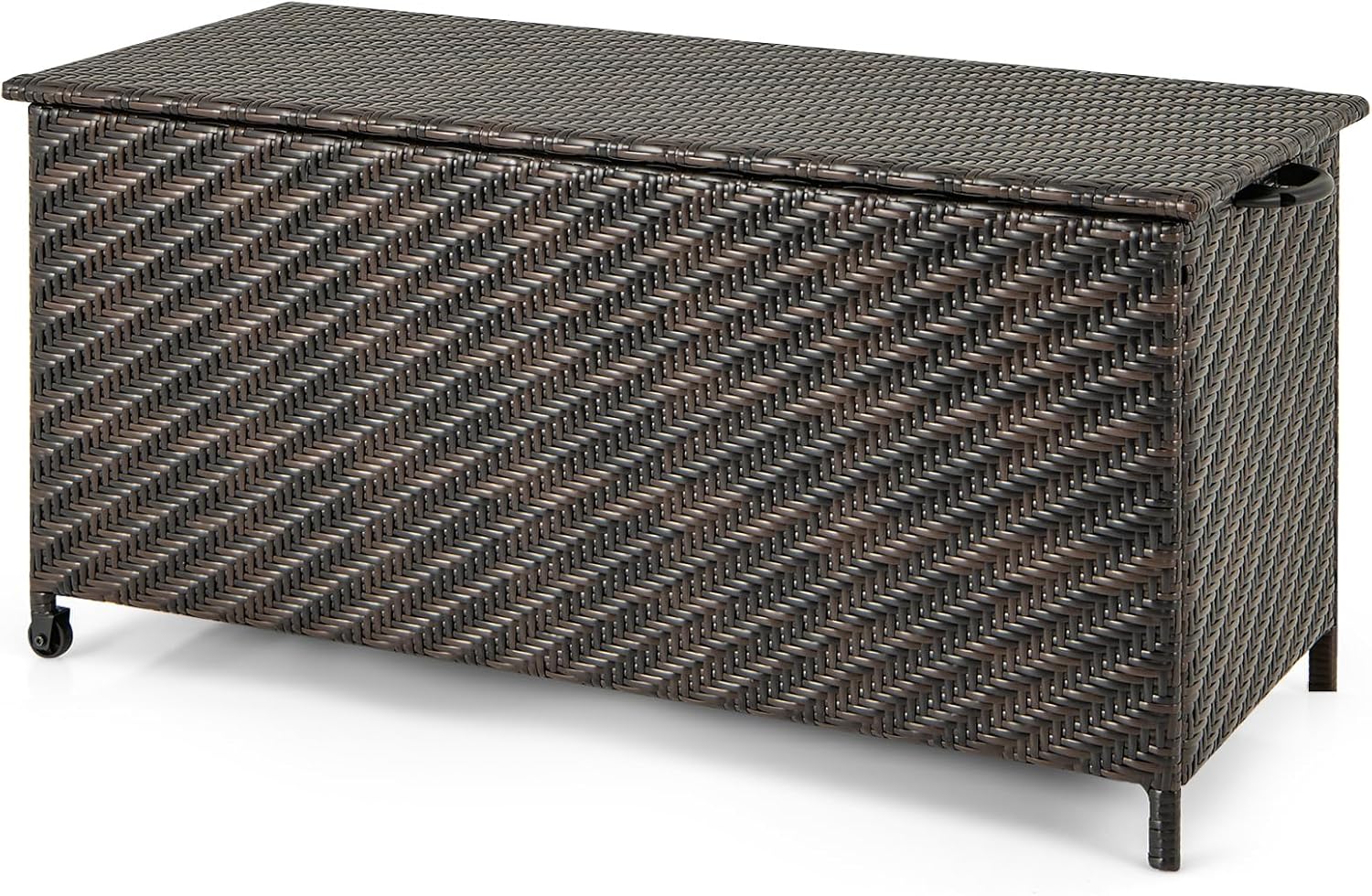 Tangkula Tightly-Woven Rattan Deck Box, Patiojoy Storage Cabinet Container with Polyester Liner, Universal Wheels & Gas Strut, 85 Gallon Indoor Outdoor Storage Box for Pillows, Cushions (Brown)