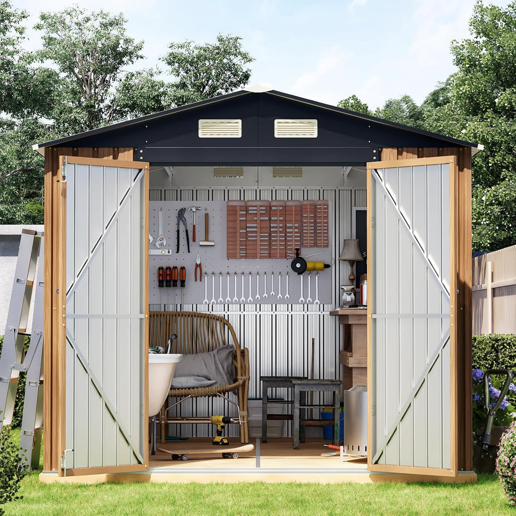 10X8 FT Garden Storage Shed with Lockable Door,Steel Tool Shed with 1 Clear Window, Anti-Corrosion Metal Shed for Backyard Patio Lawn (Wood Panels & Frame Floor Not Included)