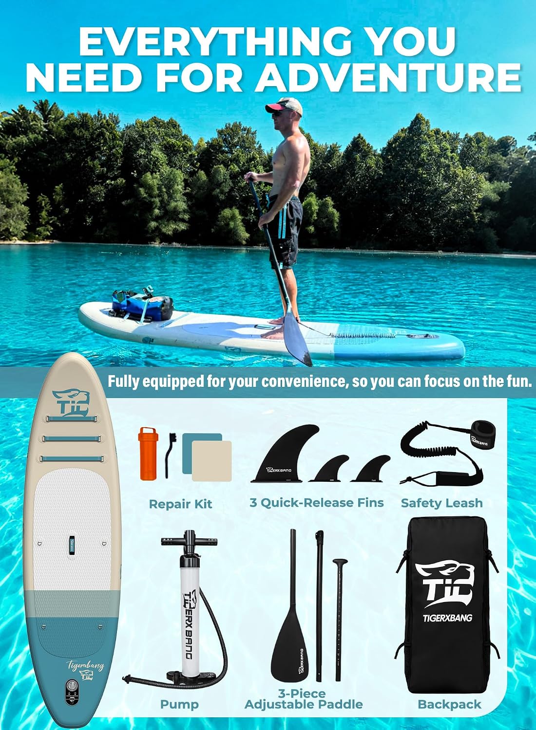 TIGERXBANG 11'6'/11'/10' Inflatable Paddle Board with Complete Accessories, Versatile Premium Paddle Boards for Adults/Youth, Stand Up Paddle Board Polar/Wave/Sunny Wave Collection
