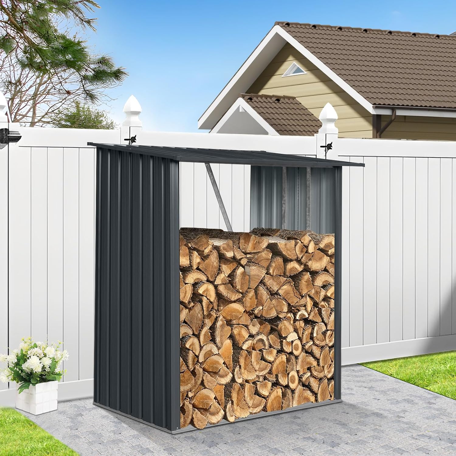 3' x5' Firewood Rack Outdoor, Metal Fire Wood Racks with Weatherproof Sloped Roof - Heavy Duty Galvanized Steel Log Rack, Open Wood Shed for Fireplace, Firewood, Pellet, or Lumber Storage - Black