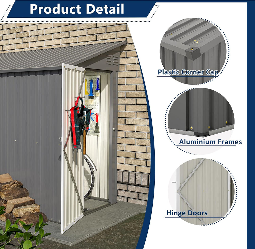 Shed Lean to Storage Shed, Outdoor 4' x 8' Metal Wall Side Storage Sheds & Outdoor Storage, Garden Storage Cabinet for Backayrd, Patio and Outdoor Use,Grey