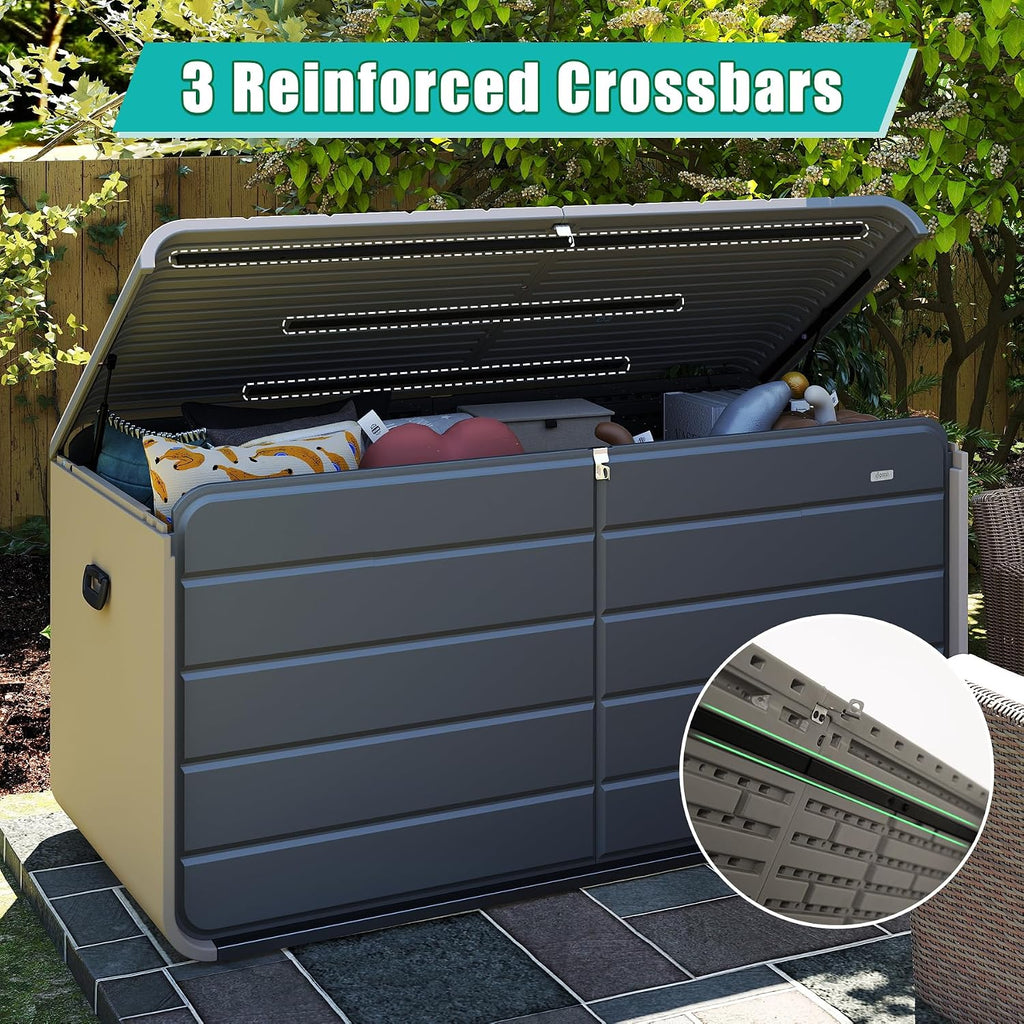 Domi 160 Gallon Resin Deck Box, Waterproof & UV-Resistant Outdoor Large Storage Box Lockable Storage Bin for Patio Cushions Pool Supplies Garden Tools and Delivery Storage
