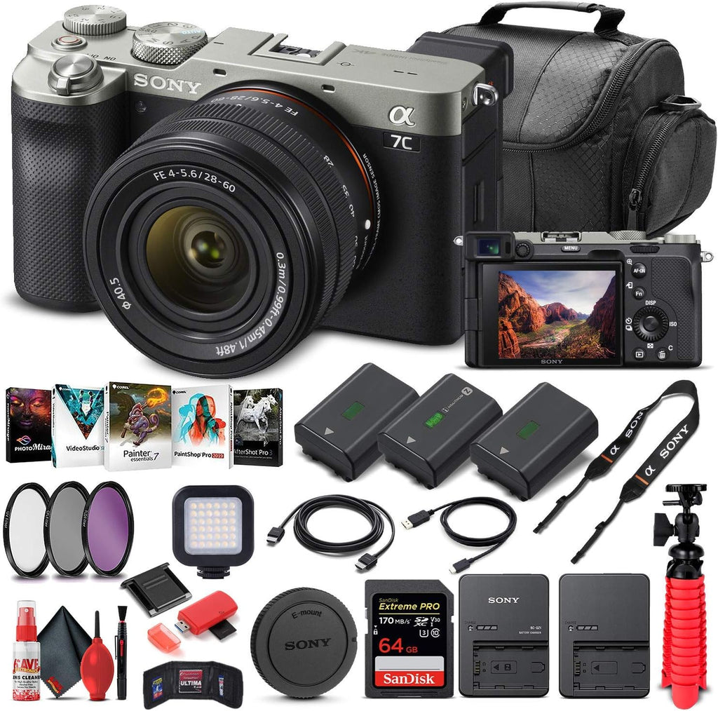 Sony Alpha a7C Mirrorless Digital Camera with 28-60mm Lens (Silver) ILCE7CL/S + 64GB Memory Card + 2 x NP-FZ-100 Battery + Corel Photo Software + Case + External Charger + Card Reader + More (Renewed)