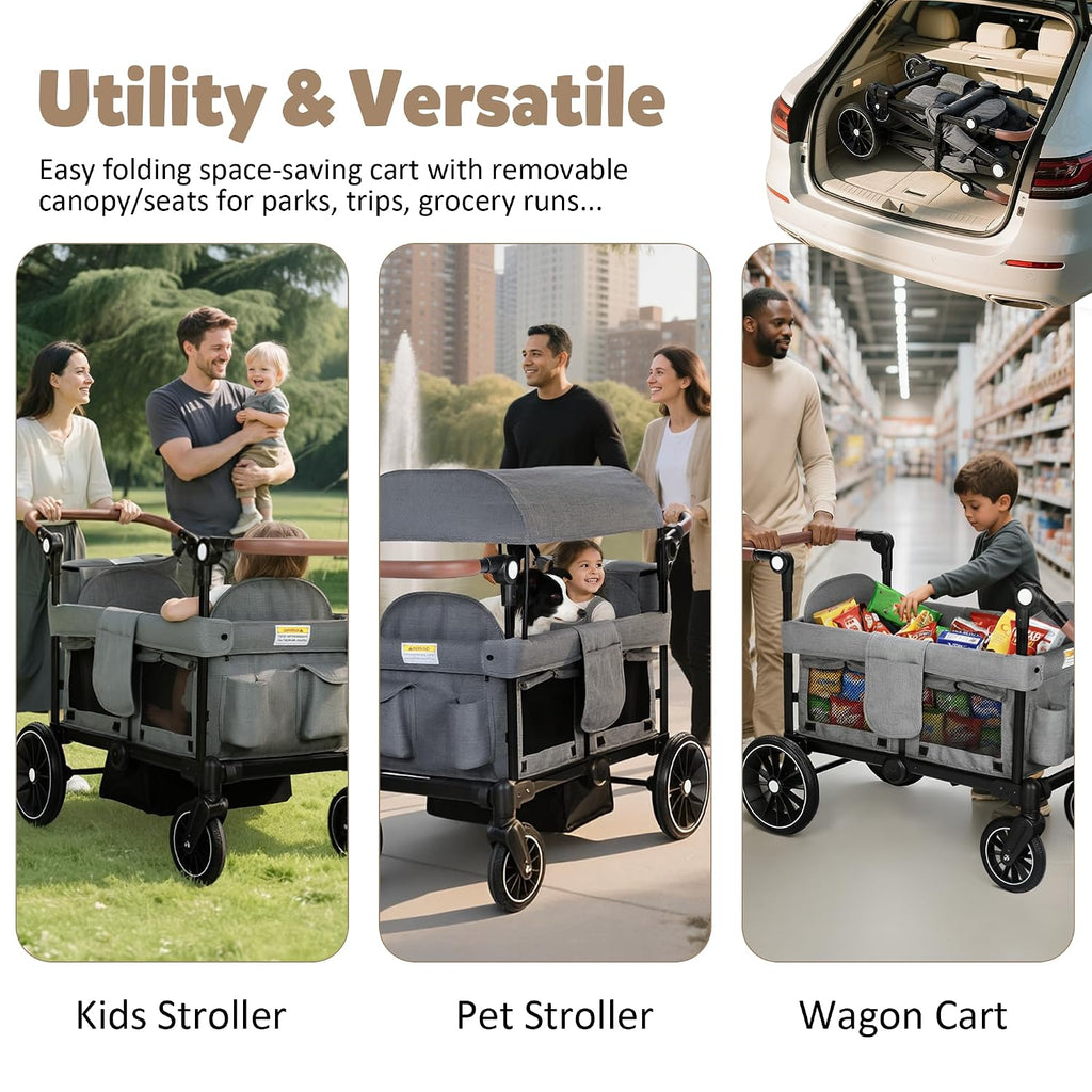 TODEFULL Wagon Stroller for 2 Kids, Foldable Kids Wagon Cart Featuring with Harnesses, Adjustable Double Push Handle, Removable Canopy, Snack Tray, Large Storage Bag, Gray