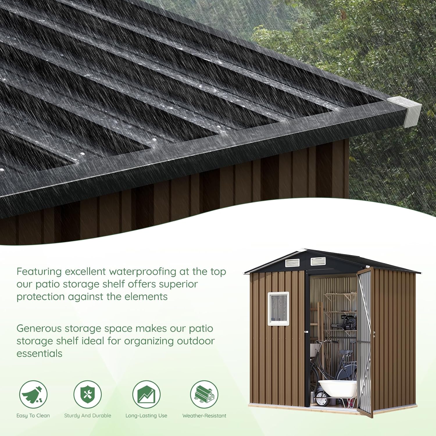 MistMo 6X4FT Outdoor Steel Storage Shed with Lockable Doors, One Window,Ideal for Garden, Backyard, Patio Storage,Brown