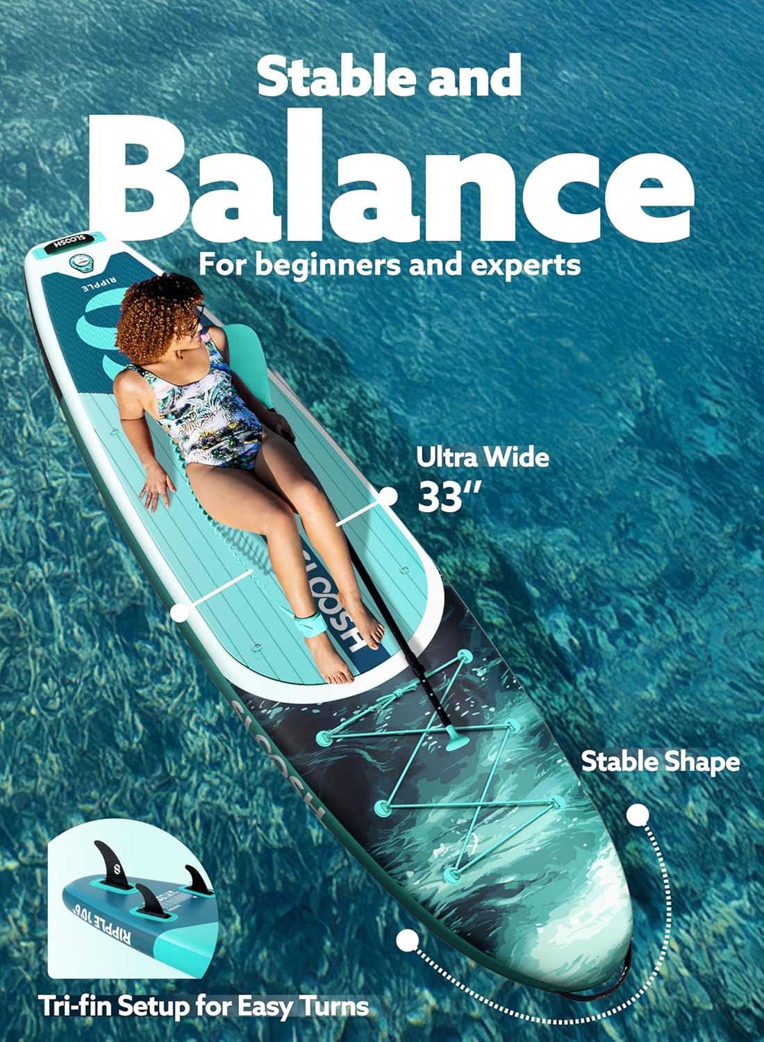 SLOOSH Inflatable Stand Up Paddle Board, 10'6' Paddle Boards with Premium Accessories, Non-Slip EVA Deck, Ultra-Light Carry Bag Pump, Ripple SUP for Youth & Adults of All Skill Levels