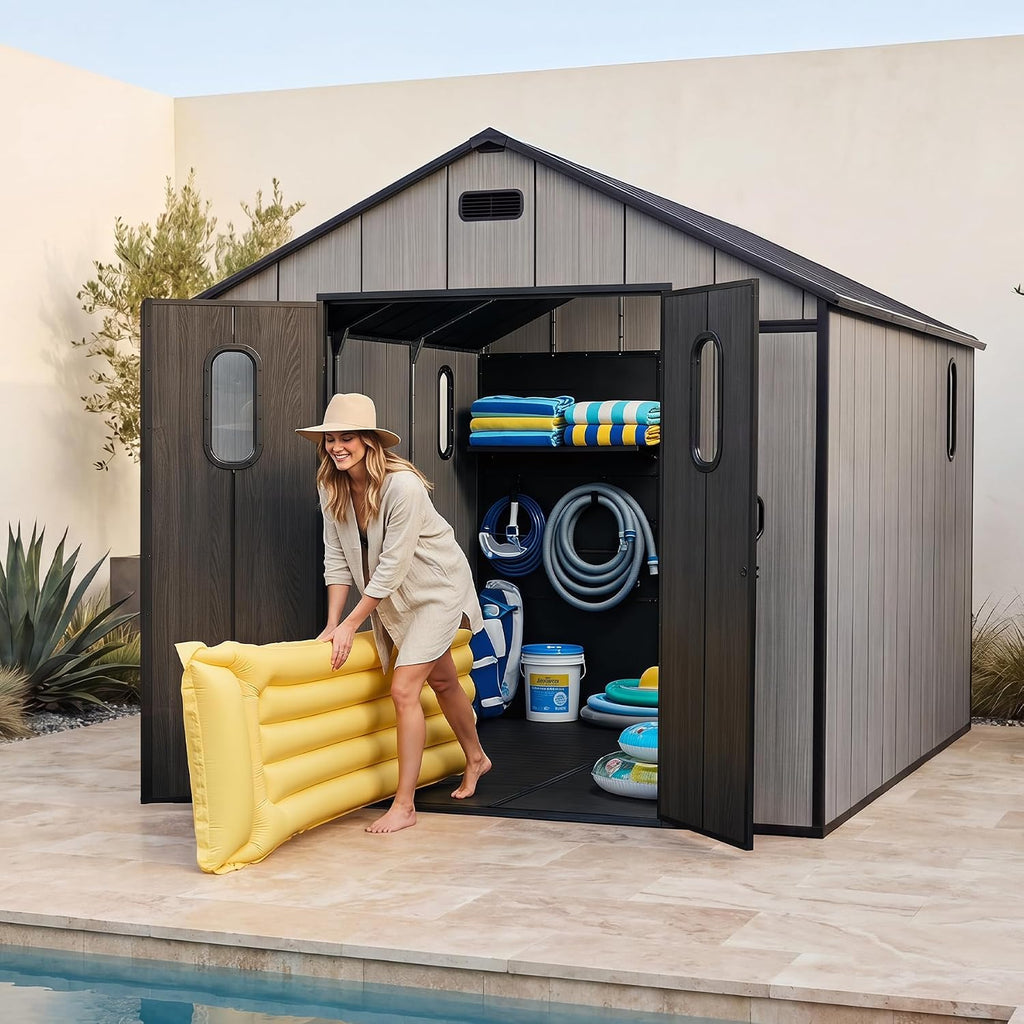 Domi 8x12Ft Resin Outdoor Storage Shed with Floor, Plastic Garden Storage Shed, Outside Weatherproof Storage Building for Tools, Bike, Lawn Mower, Patio, Backyard
