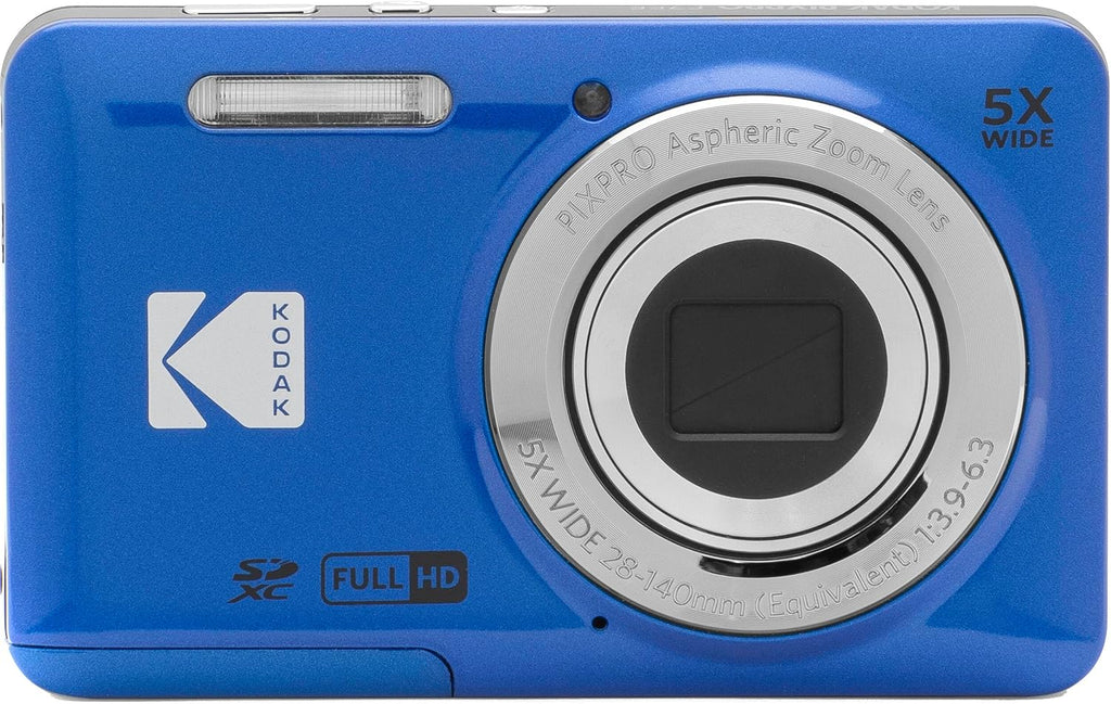Kodak PIXPRO FZ55 Blue 16MP Digital Camera 5X Optical Zoom 28mm Wide Angle 1080P Full HD Video 2.7' LCD Camera + 64GB Card and Reader + Memory Wallet + Tripod + Cleaning Bundle
