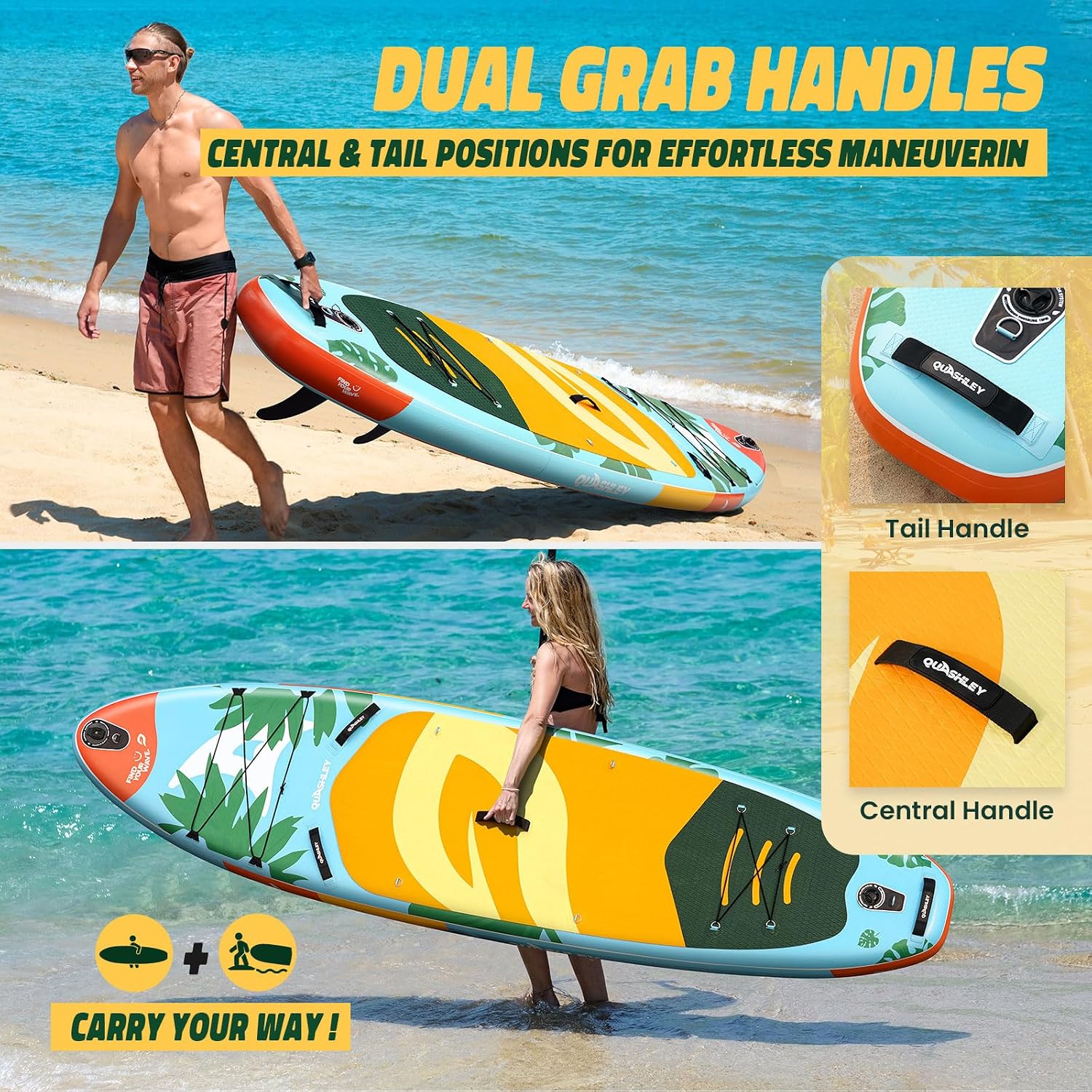 Quashley Inflatable Paddle Board Extra Wide Stand Up Paddleboards 11'×34' with All Premium Paddle Board Accessories,Inflatable SUP for Adults/Family,Beginner-Friendly,Removable Fin,Hand Pump