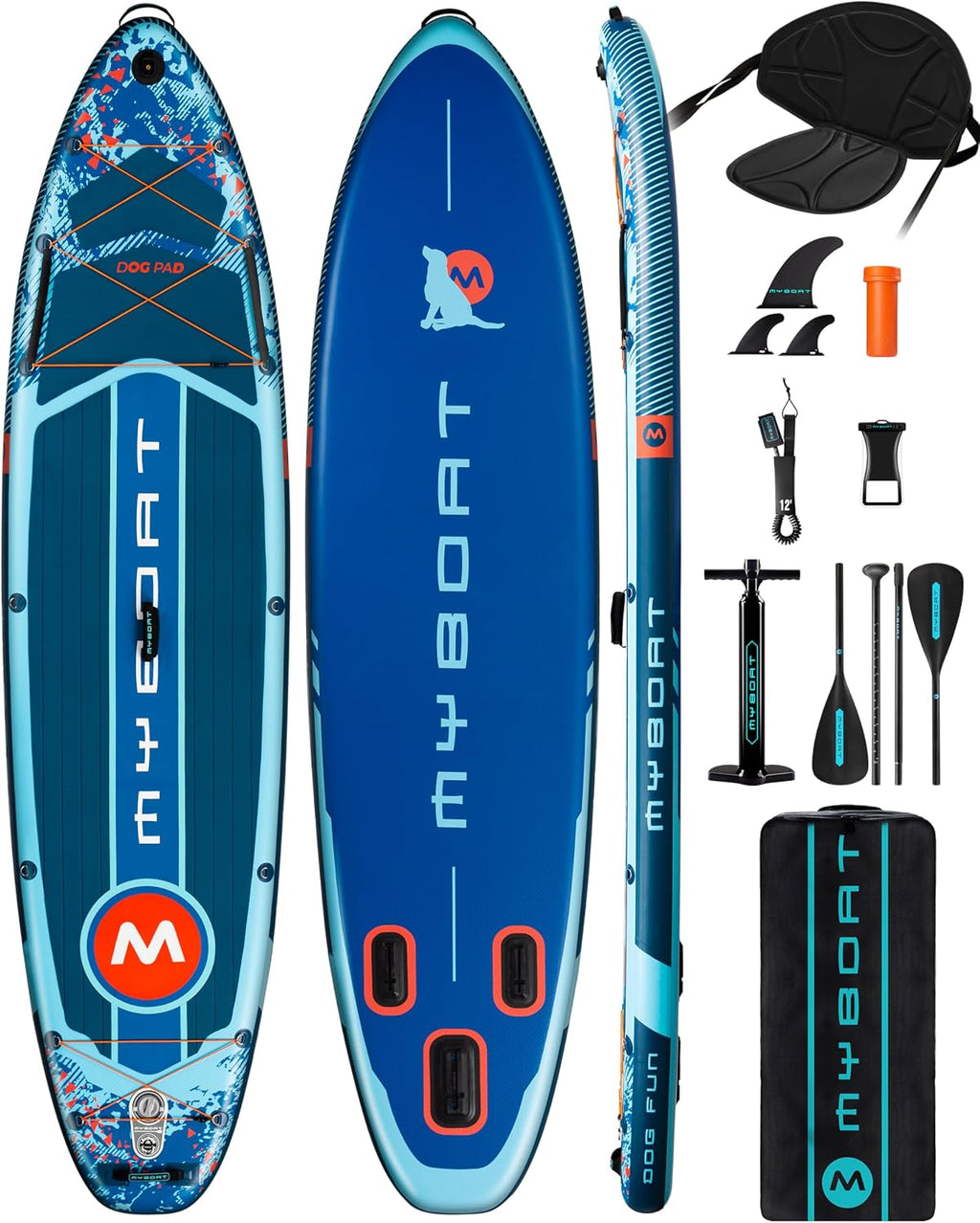 MYBOAT 11'6'×34'×6' Extra Wide Inflatable Paddle Board, Stand Up Paddle Board for Fishing, Sup Board with 3 Removable Fins, Dual Bungees, Camera Mount, Hand Pump, Strong Paddle,Leash