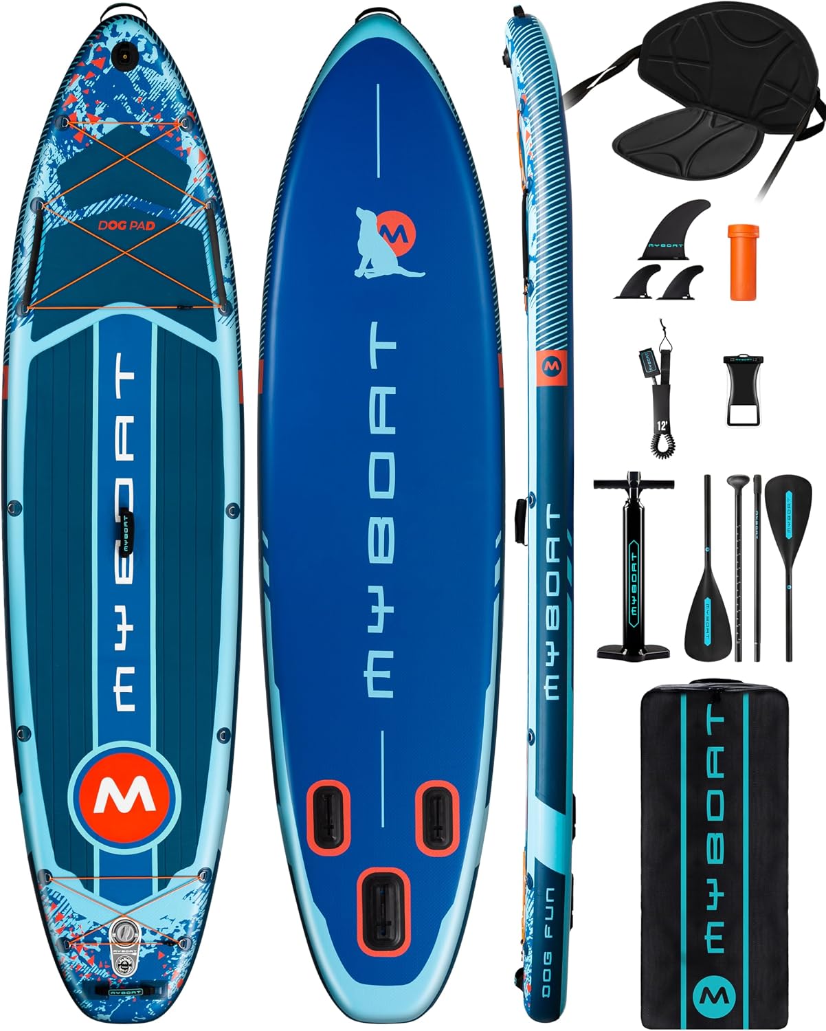 MYBOAT 11'6'×34'×6' Extra Wide Inflatable Paddle Board, Stand Up Paddle Board for Fishing, Sup Board with 3 Removable Fins, Dual Bungees, Camera Mount, Hand Pump, Strong Paddle,Leash