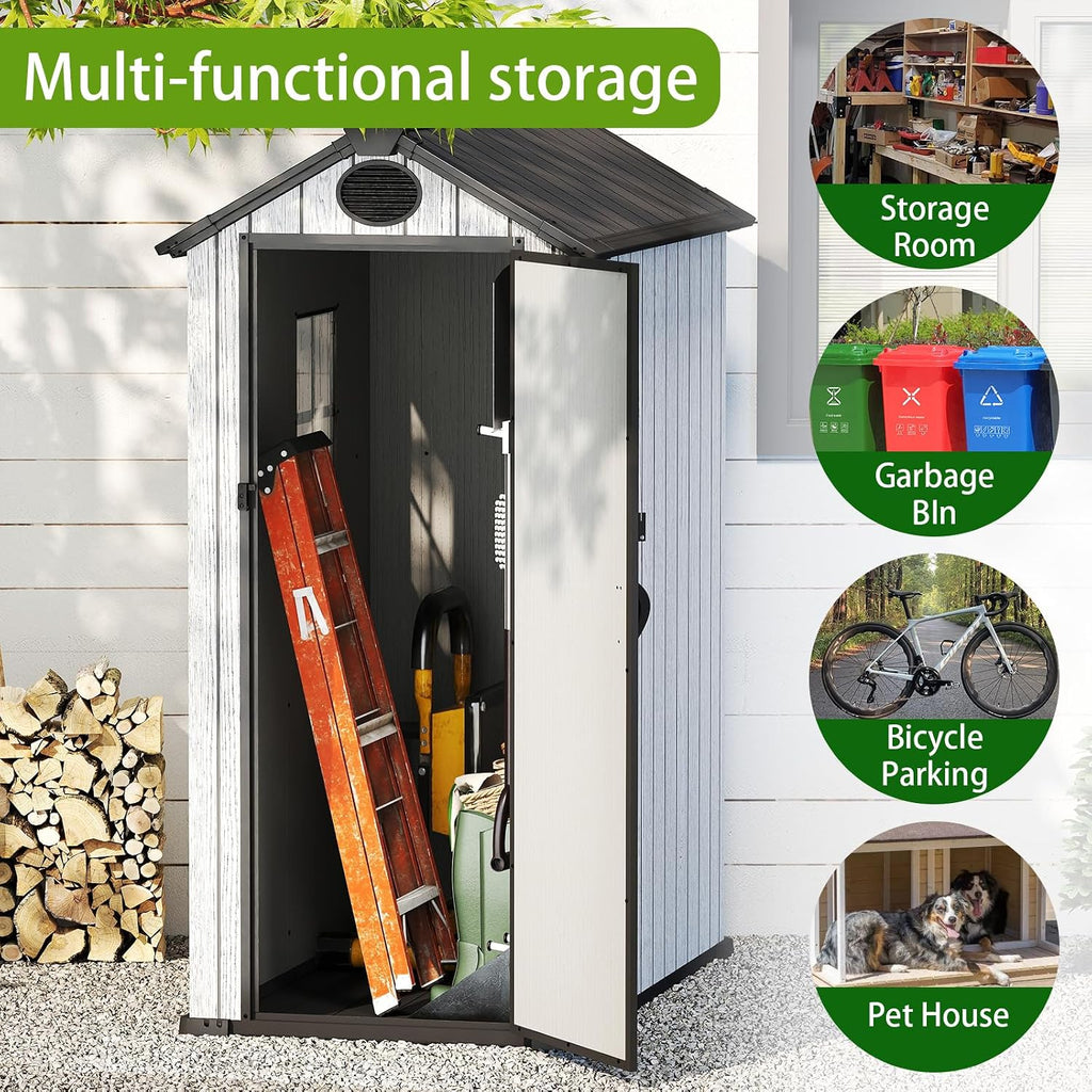 ZYJOYY 3x5 FT Outdoor Storage Shed Resin Garden Tool Shed with Lockable Doors & Slooping Roof, Plastic Shed with Floor for Garden, Backyard, Patio, Grey