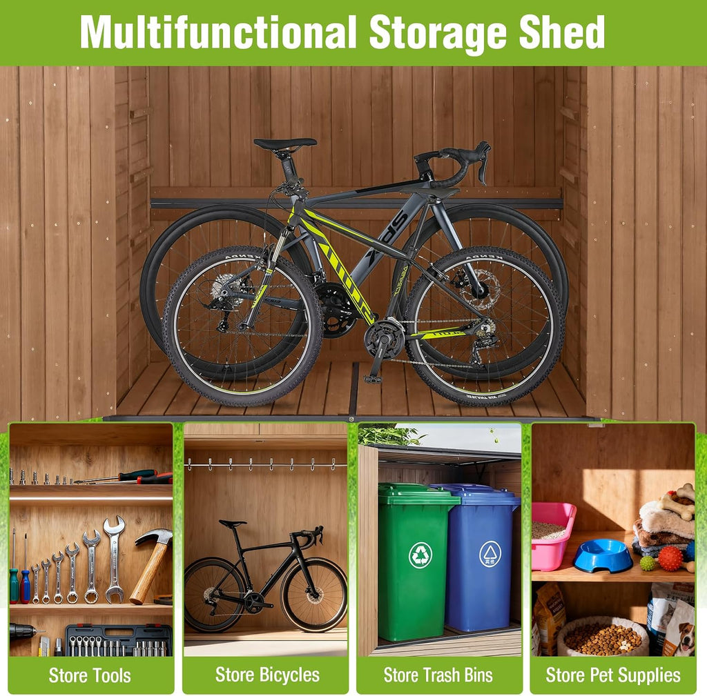 Outdoor Storage Shed with Strong Metal Frame, Wooden Garden Sheds with Adjustable Shelves and Removable Floor, Weatherproof Outdoor Trash Can Shed, Horizontal Storage Cabinet for Patio