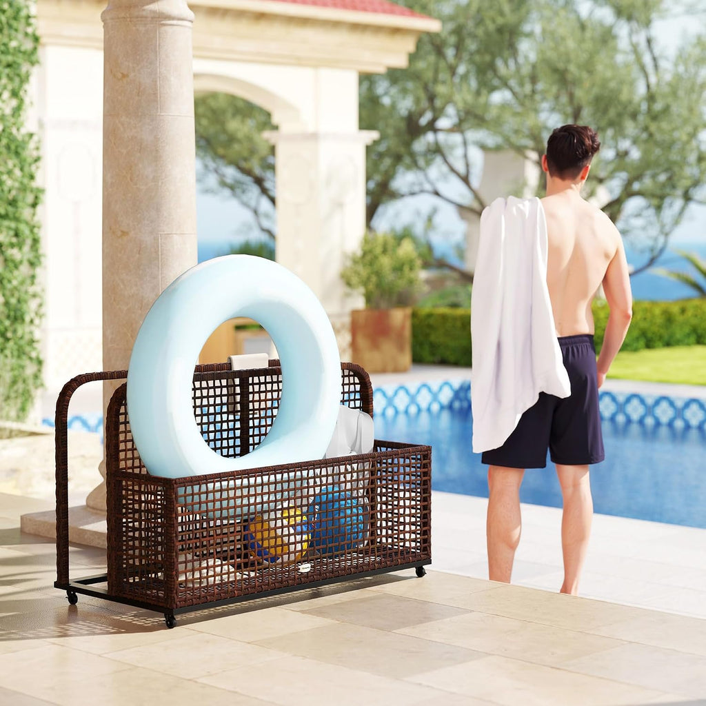 Outsunny Patio Wicker Pool Float Storage with Wheels, Outdoor Rolling PE Rattan Pool Caddy, Includes Compartment and Basket, for Pool, Garden, Deck, Brown