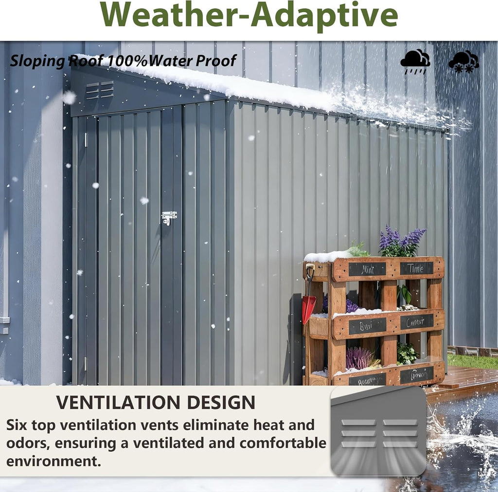 YOPTO 4×7 FT Outdoor Metal Storage Shed,Heavy-Duty Lean to Storage Shed with Lockable Door and Reinforced Beams,All Weather Waterproof Storage House W/2 Air Vents,for Backyard,Patio,Lawn,Gray