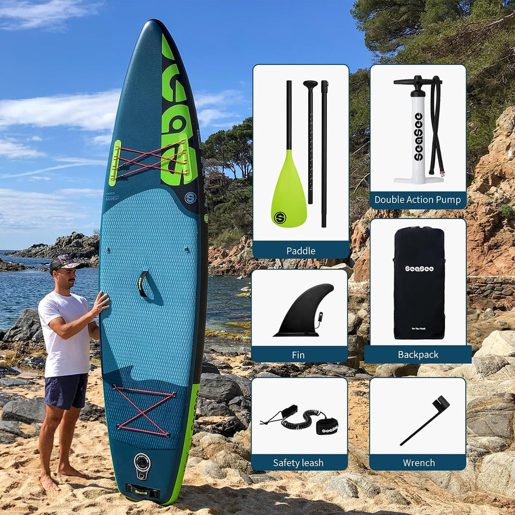 Inflatable Stand Up Paddle Board Includes Paddle, Dual Action Pump, and Accessories 11ft Lightweight iSUP, 33'*6' Wide Stable Design, Anti-Slip EVA Deck, Paddle Board for Adults