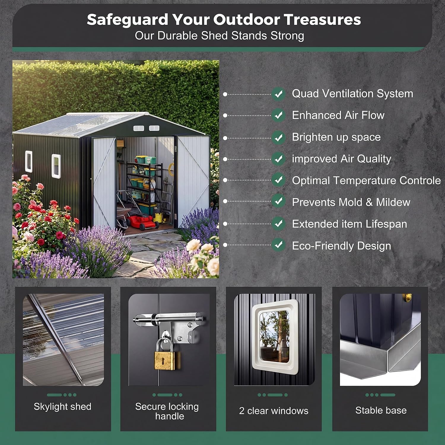 10x10 FT Metal Shed Heavy-Duty | Military-Grade 20-Gauge Reinforced Frame with Powder Coating | 50 PSF Snow Load & 120 MPH Wind Rated | Garden Tool Skylight Building