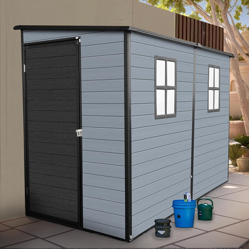 4x8ft Resin Lean to Shed with Floor, Outdoor Storage Shed with 2 Windows, Plastic Shed & Outdoor Storage Clearance for Patio Furniture, Garden Tools Bike Accessories, Beach Chairs, Black+Grey