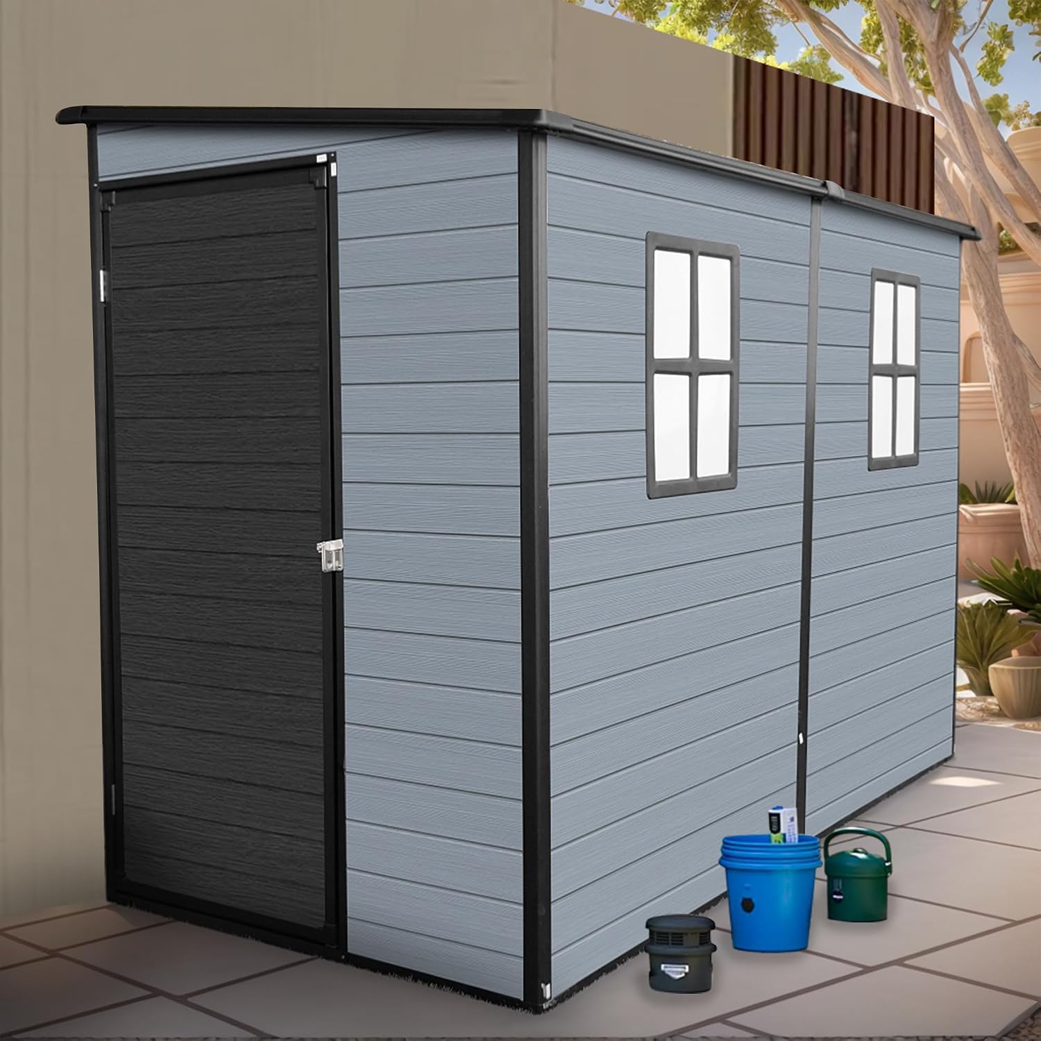 4x8ft Resin Lean to Shed with Floor, Outdoor Storage Shed with 2 Windows, Plastic Shed & Outdoor Storage Clearance for Patio Furniture, Garden Tools Bike Accessories, Beach Chairs, Black+Grey