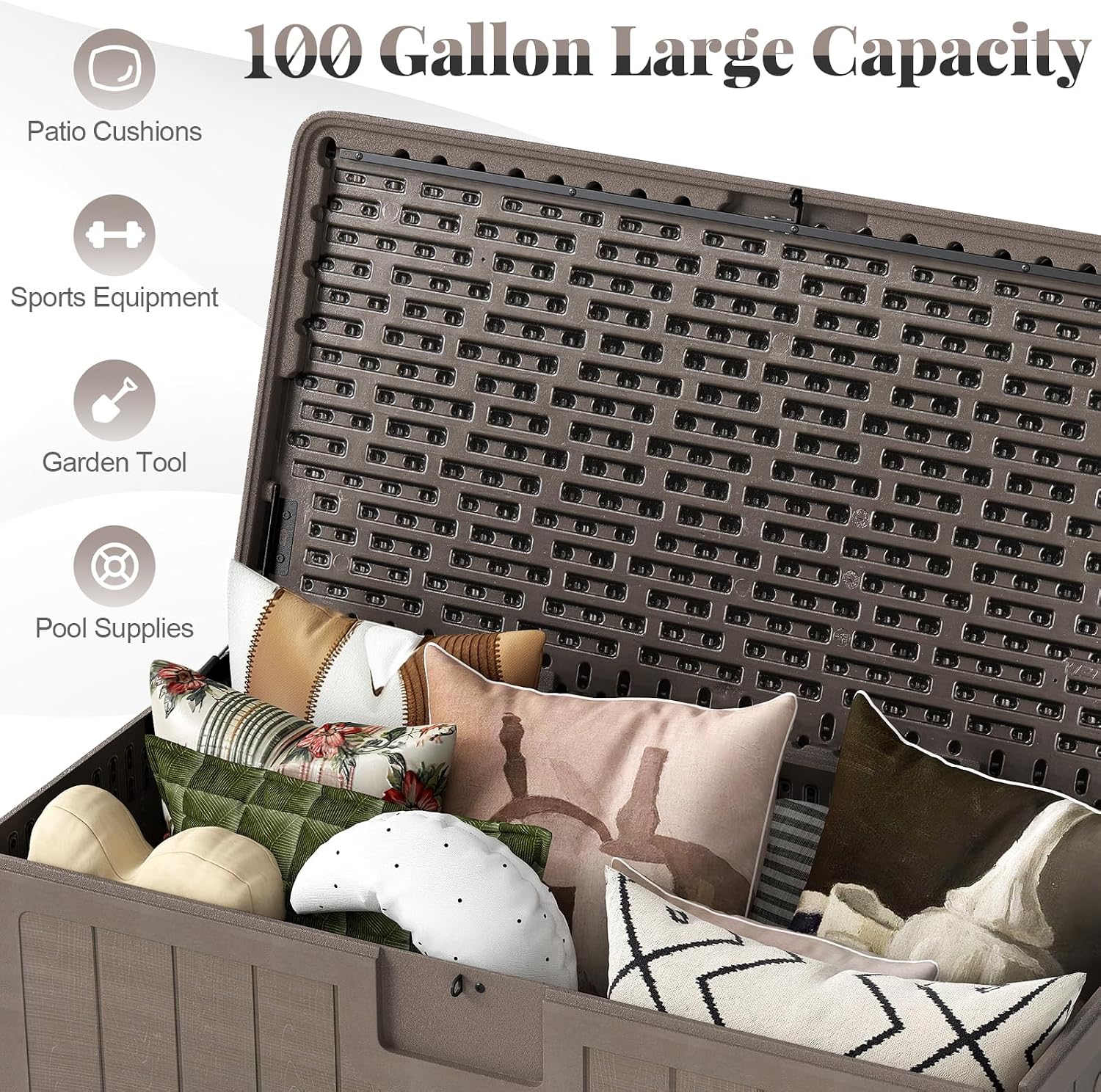 HAPPYGRILL Outdoor Storage Deck Box with Lockable Design & Gas Strut, Handle, 100 Gallon HDPE Patio Storage Organizer for Lawn Backyard Poolside (Brown)