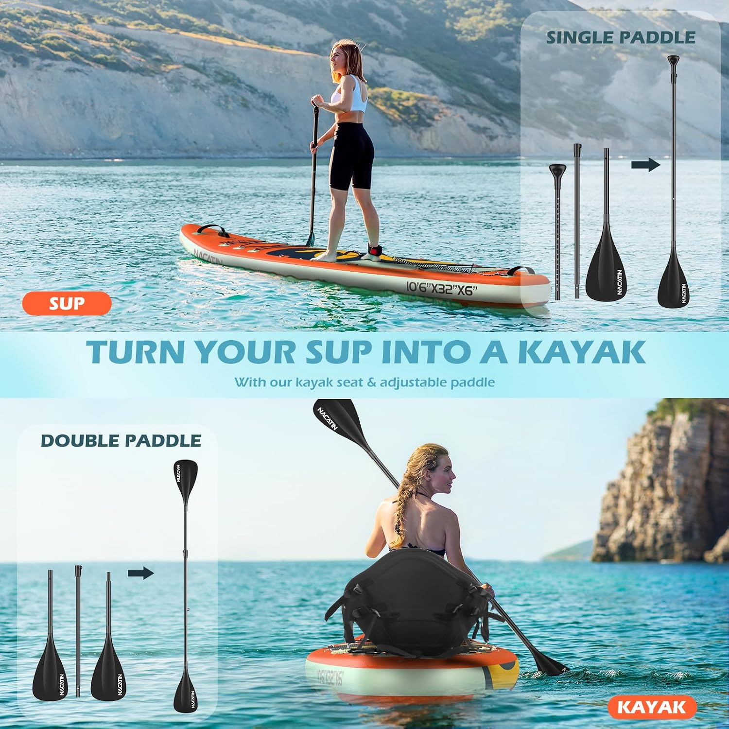 NACATIN Inflatable Stand Up Paddle Board,10'6'Upgrade Version Blow Up Paddle Boards for Adults with Premium SUP Accessories& Backpack,Adjustable Paddle,Camera Mount,Hand Pump, for Lake, River, Yoga
