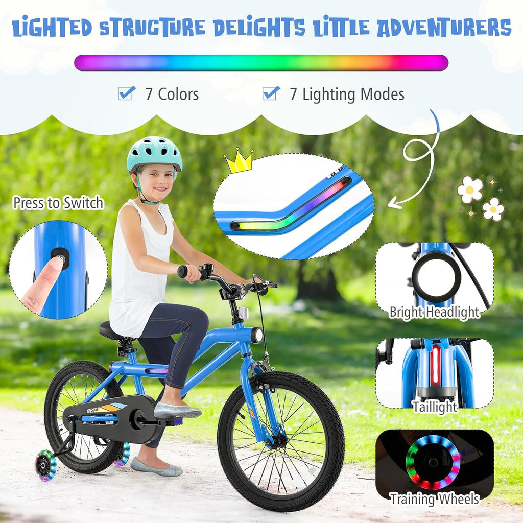 BABY JOY Lighted Kids Bike, 16 18 Inch Children Bicycle with 7-Mode LED Lighted Frame, Headlight, Flash Training Wheels, Dual-Brake, 95% Pre-Assembled, Girls Boys Bike for 4-8 Years