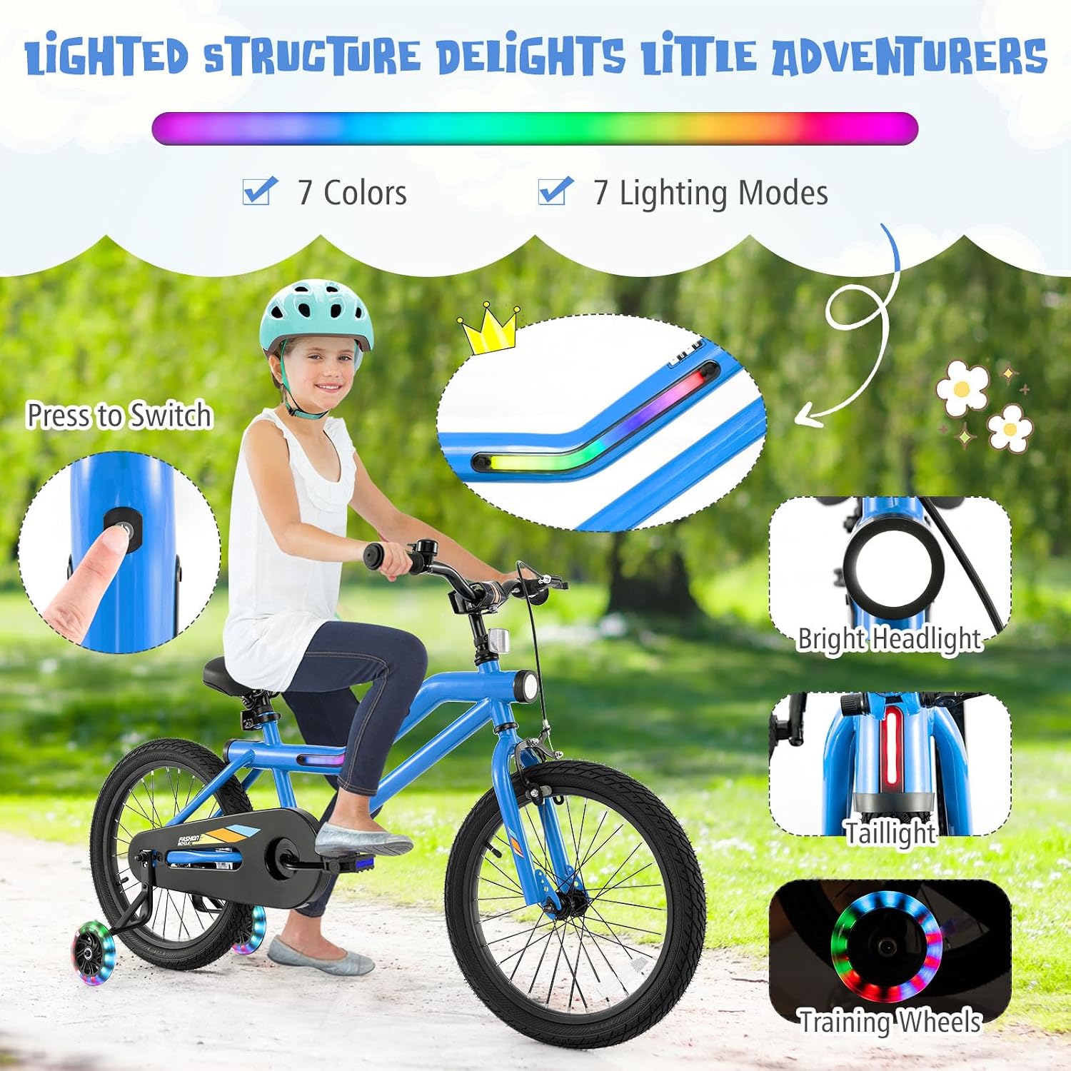 BABY JOY Lighted Kids Bike, 16 18 Inch Children Bicycle with 7-Mode LED Lighted Frame, Headlight, Flash Training Wheels, Dual-Brake, 95% Pre-Assembled, Girls Boys Bike for 4-8 Years