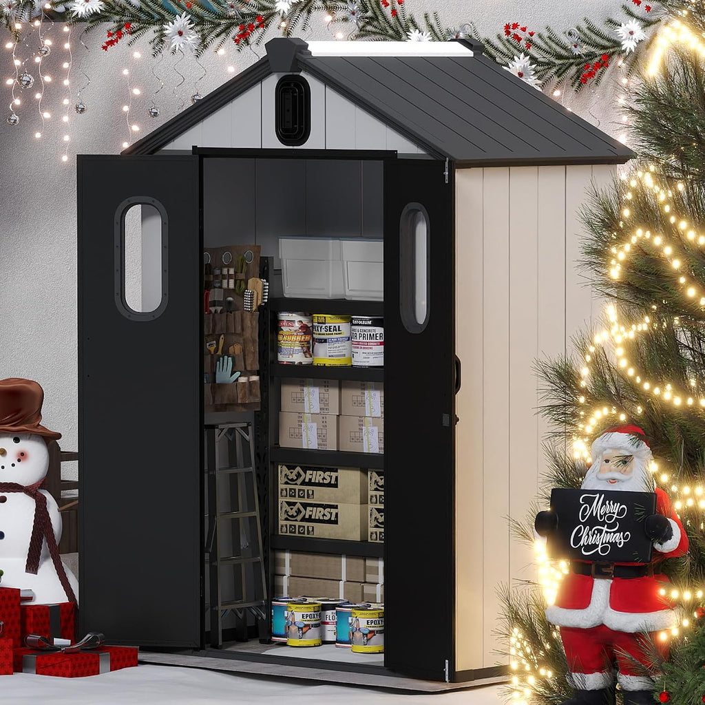 Domi 5x3 FT Outdoor Resin Storage Shed, All-Weather Double-Wall Storage Building for Backyard, Garden, Lawn Tools, Mower, Bike & Pool Equipment, Lockable Doors, Ventilated Roof, Grey