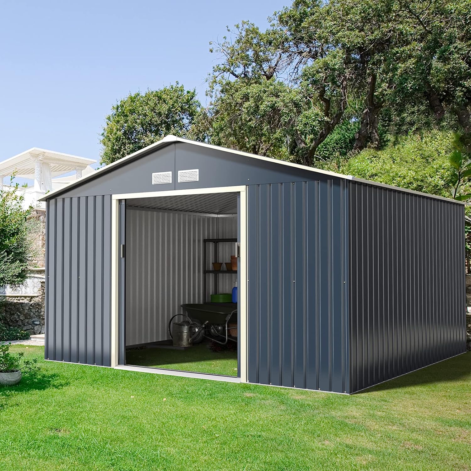 Goplus Storage Shed, Metal 11' X 10' Outdoor Building Organizer with 4 Vents & Double Sliding Door for Garden Backyard Farm (11'X10')