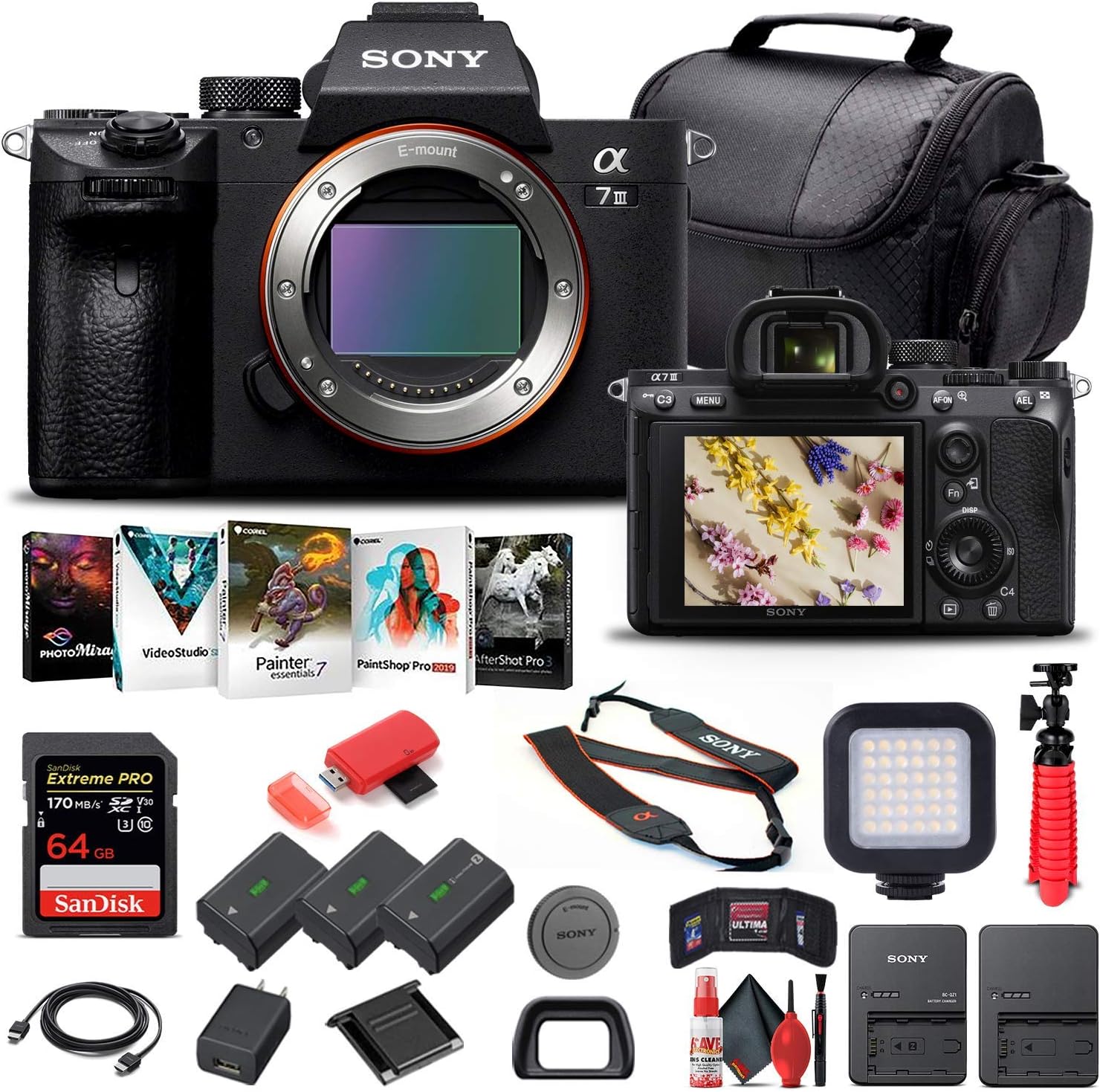 Sony Alpha a7 III Mirrorless Digital Camera (Body Only) (ILCE7M3/B) + 64GB Memory Card + 2 x NP-FZ-100 Battery + Corel Photo Software + Case + Card Reader + LED Light + More (Renewed)