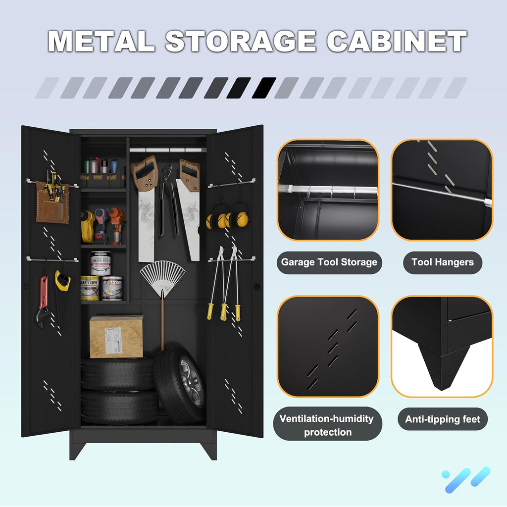 VASAAOSD Metal Garage Storage Cabinet, 75' Cleaning Tool Cabinet with Hooks and Hanging Rods, Heavy Duty Garden Tool Organizer, Broom Cabinets for Home, Garage, Laundry Room, Gym, Workshop