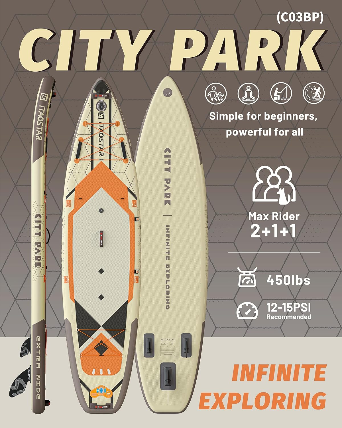 iTAOSTAR City Park 12'×35' Extra Wide Paddle Board with Seat, One-Stop Premium SUP Board Gears, Tailored 5 Fins, Stable Inflatable Stand Up Paddle Boards for Youth/Adults of All Levels