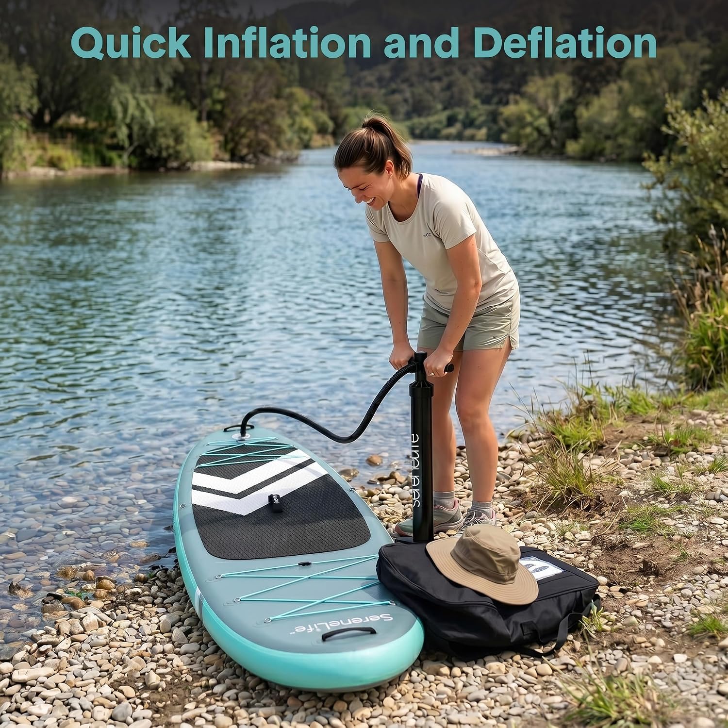 SereneLife Ultra-Light Inflatable Stand Up Paddle Board with Premium SUP Accessories - Extra Wide Stable Design with Non-Slip EVA Deck Pad for Youth and Adults of All Skill Levels - 350 lbs Capacity