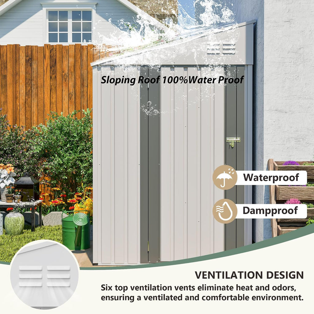 4x7 FT Lean to Shed with Single Lockable Side Door, Outdoor Metal Storage Shed, Sloping Roof Galvanized Utility Steel Tool Shed for Garden, Patio, Lawn & Backyard