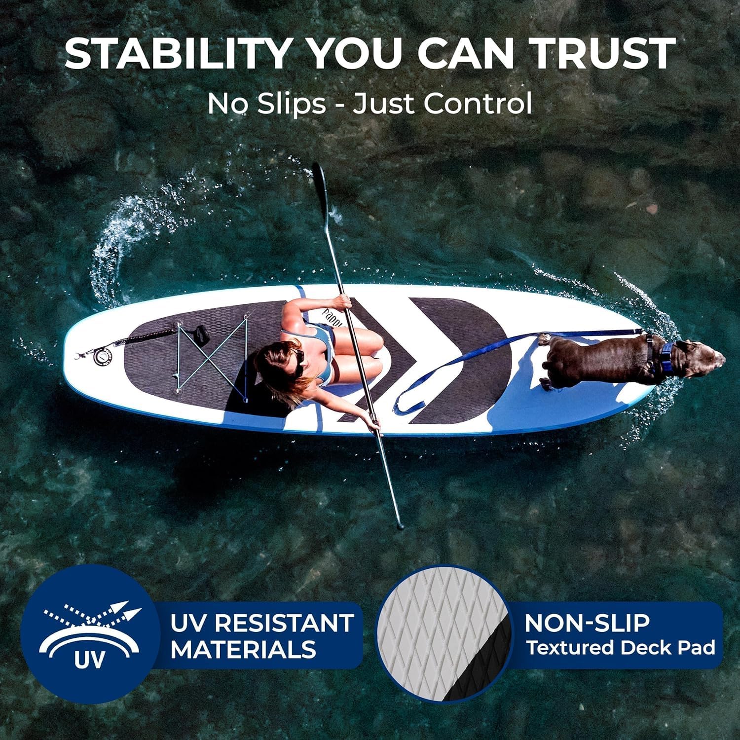 SereneLife XL Inflatable Stand Up Paddle Board - Pet-Friendly SUP for Adults and Pets - Extra-Wide Stable Design with Non-Slip EVA Deck Pad, Premium SUP Accessories, 440/485 lbs