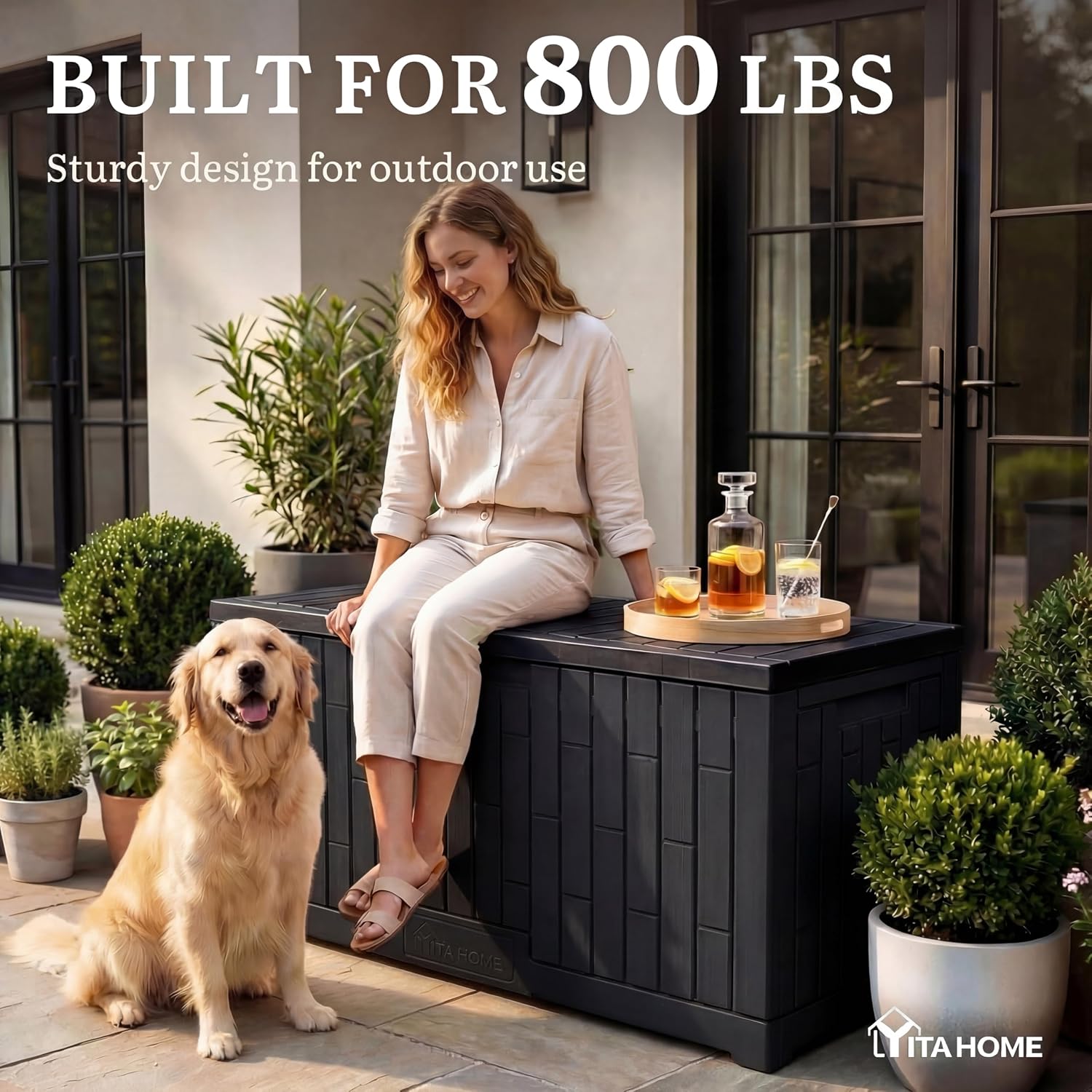 YITAHOME 120 Gallon Large Deck Box, 53'L x 22.7'W x 25.5'H Resin Outdoor Storage Box with Slide-Locking Lid for Patio Cushions, Garden Tools, Pool Supplies, Easy Assembly, Waterproof Lockable, Black