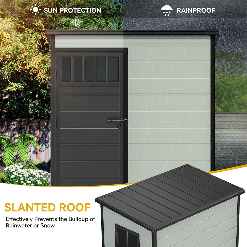 DWVO Outdoor Storage Shed 5x3FT with Fence-Style and Side Windows, Floor & Lockable Doors, Plastic Storage Shed, Storage Shed for Backyard and Garden