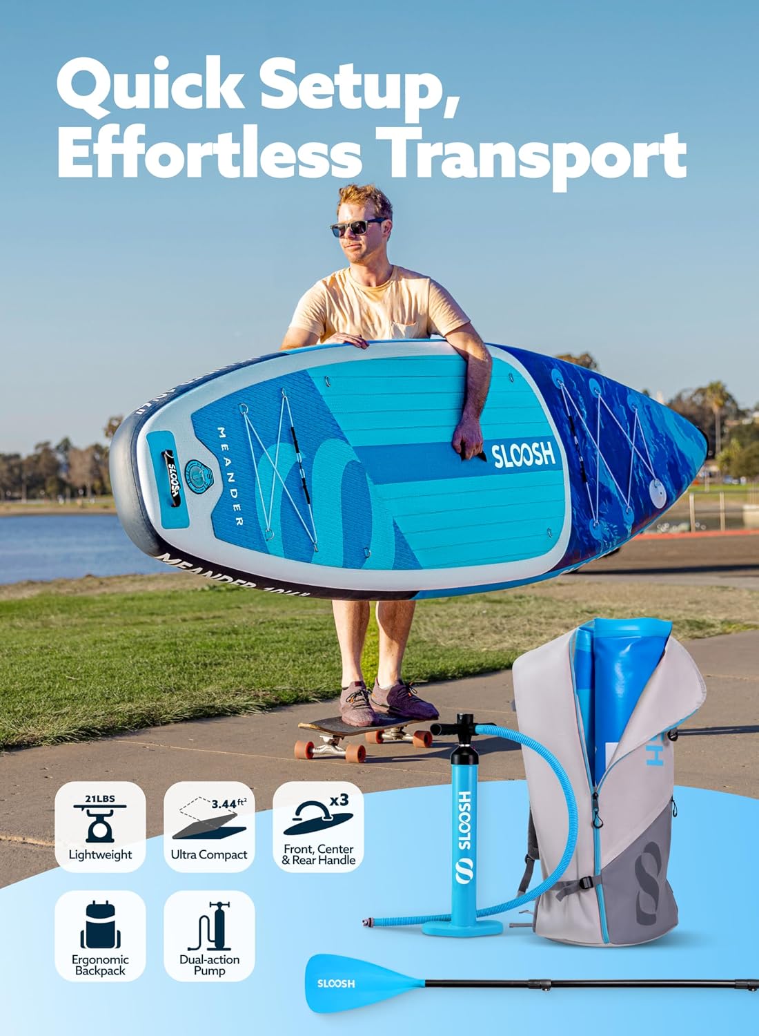 SLOOSH Inflatable Stand Up Paddle Board, 10'6' Inflatable Paddle Boards with Premium Accessories, Non-Slip EVA Deck, Ultra-Light Carry Bag Pump, Meander SUP for Youth & Adults