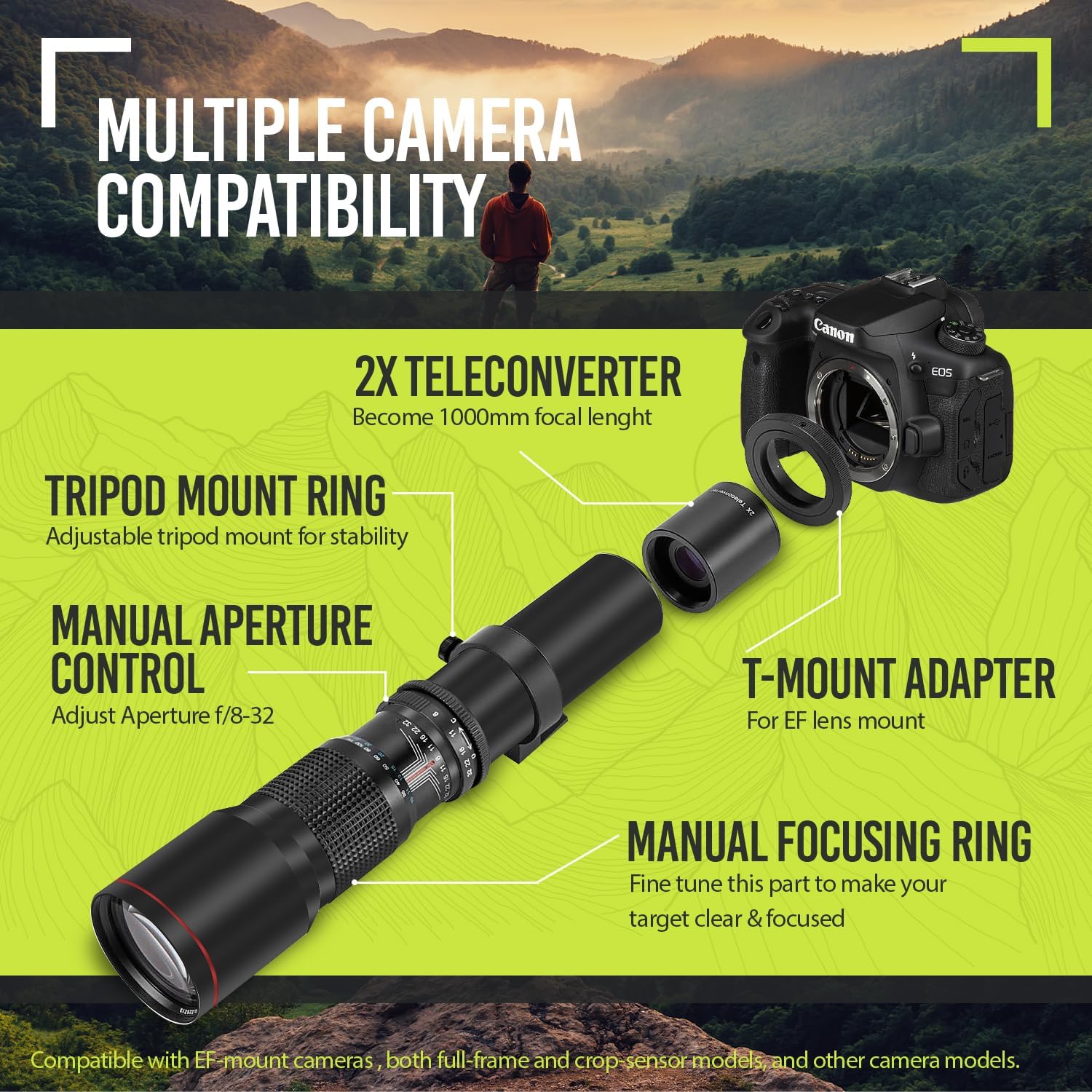 High-Power 500mm/1000mm f/8 Manual Telephoto Lens for Canon EOS 80D, 90D, Rebel T3, T3i, T5, T5i, T6i, T6s, T7, T7I, T8I, SL3, 60D, 70D, 5D, EOS5D IV, 6D II, 7D II SLR Cameras