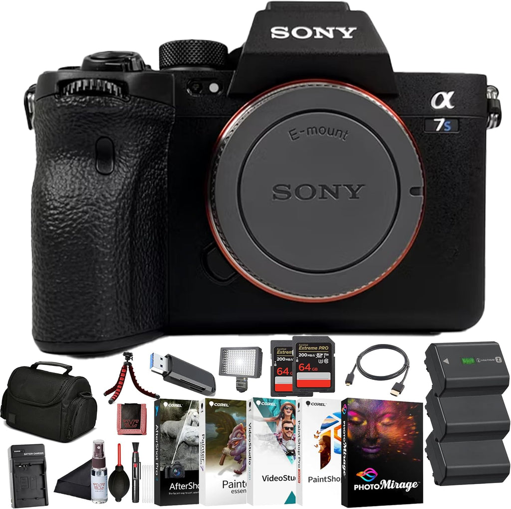 Sony α7S III Full-Frame Mirrorless Camera Body (ILCE-7SM3/B) – 12.1 MP BSI Sensor, 4K 120p 10-Bit Video | 2 x 64GB Memory Card, 3 x NP-FZ-100 Battery, Case, External Charger and More