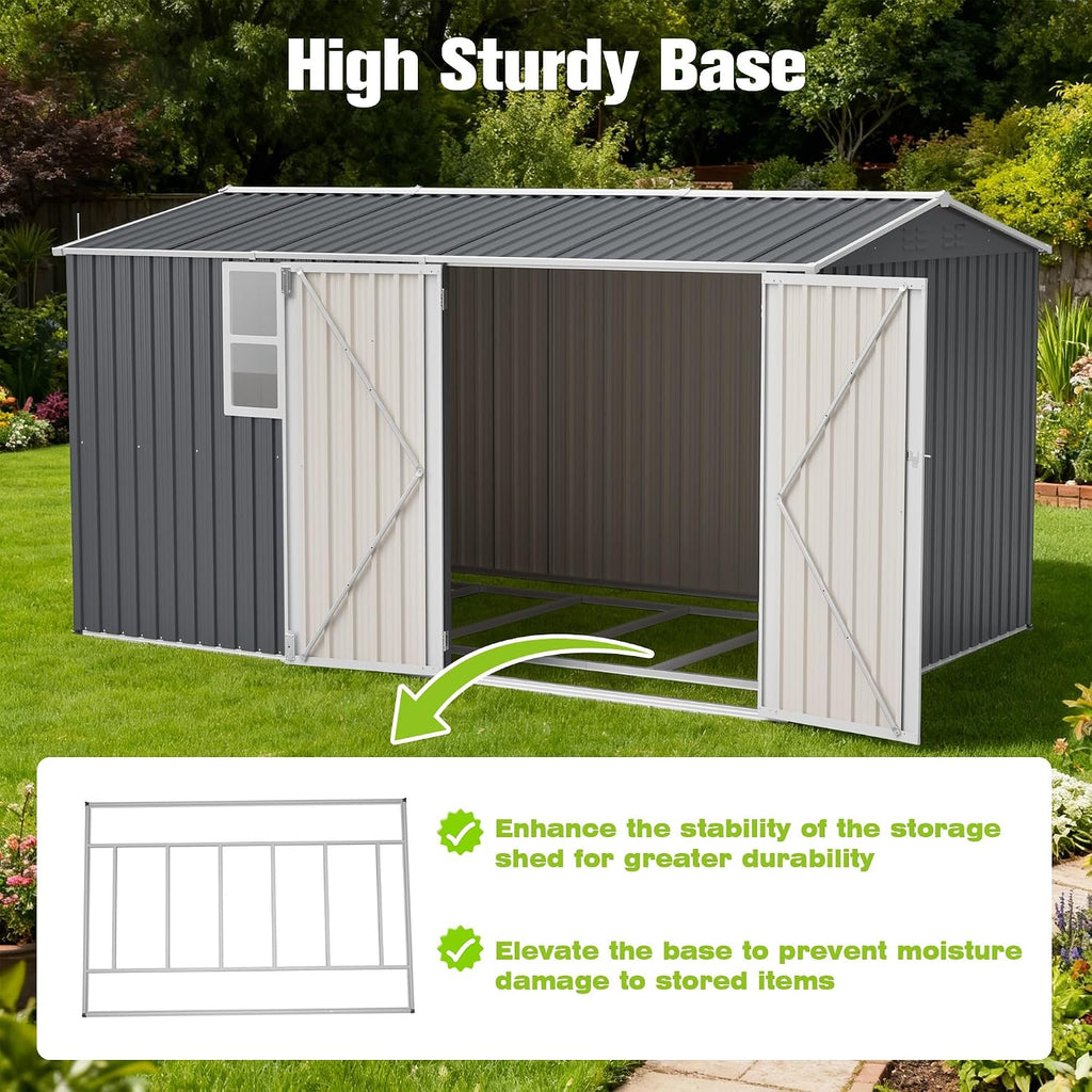 12' x 8' Outdoor Storage Shed with Floor, Waterproof Metal Garden Shed with Windows, Lockable Doors, and Sloped Roof for Patio, Backyard, Lawn, Tool Storage